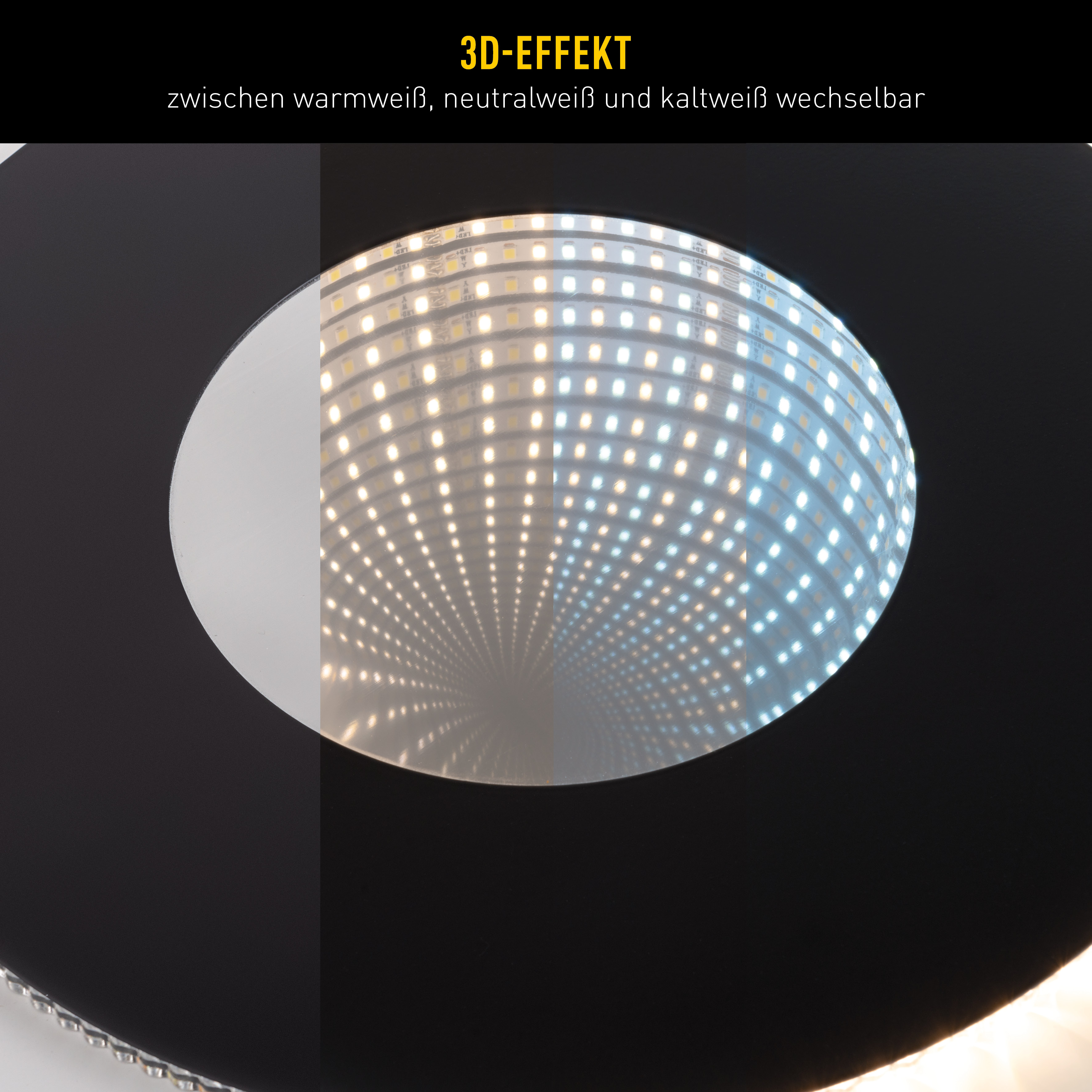 Kreisförmige LED-Leuchte. Das Zentrum zeigt einen Unendlichkeitseffekt mit warmweißem, neutralweißem und kaltweißem Licht.