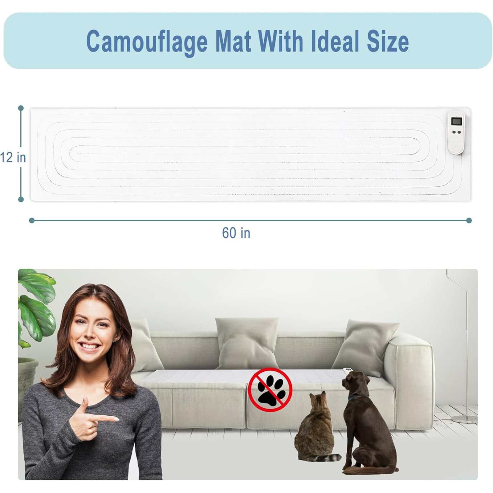 Frau zeigt auf eine haustiersichere Matte auf einem Sofa. Katze und Hund sitzen in der Nähe, mit einem "keine Haustiere"-Symbol. Die Matte ist 60x12 Zoll.