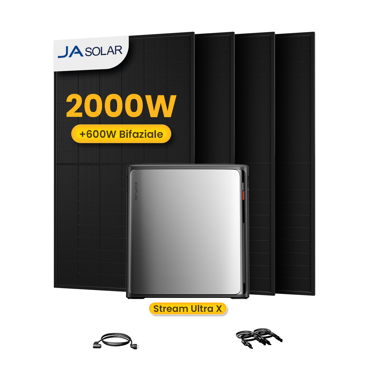 Das Bild zeigt Solarpanels und eine Stromstation. Panels haben '2000W' und 'JA SOLAR'. Die Station sagt 'Stream Ultra X'.
