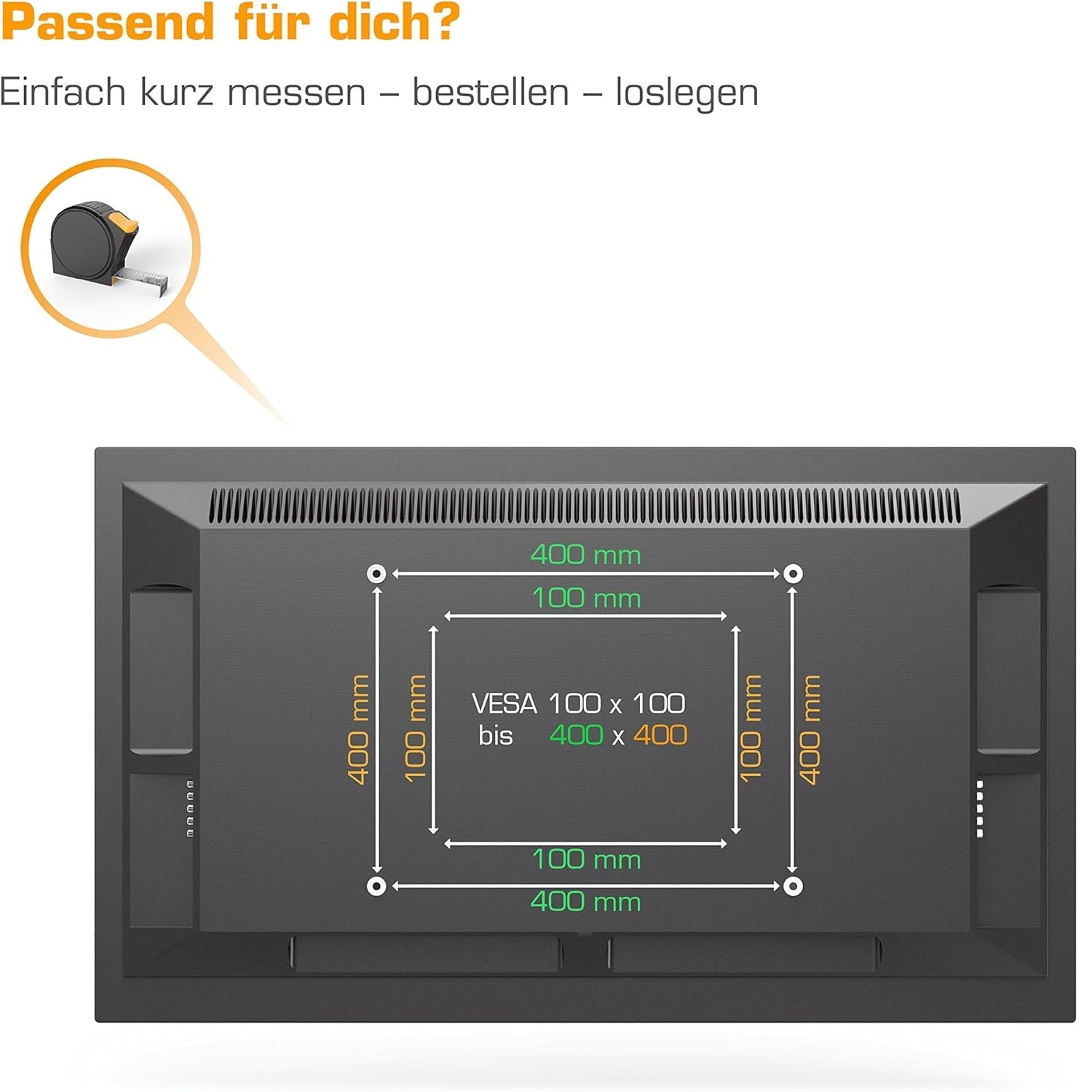 Das Bild zeigt eine TV-Rückseite mit Messungen zur Montage, ein Maßband-Symbol und deutschen Text über Messen und Bestellen.