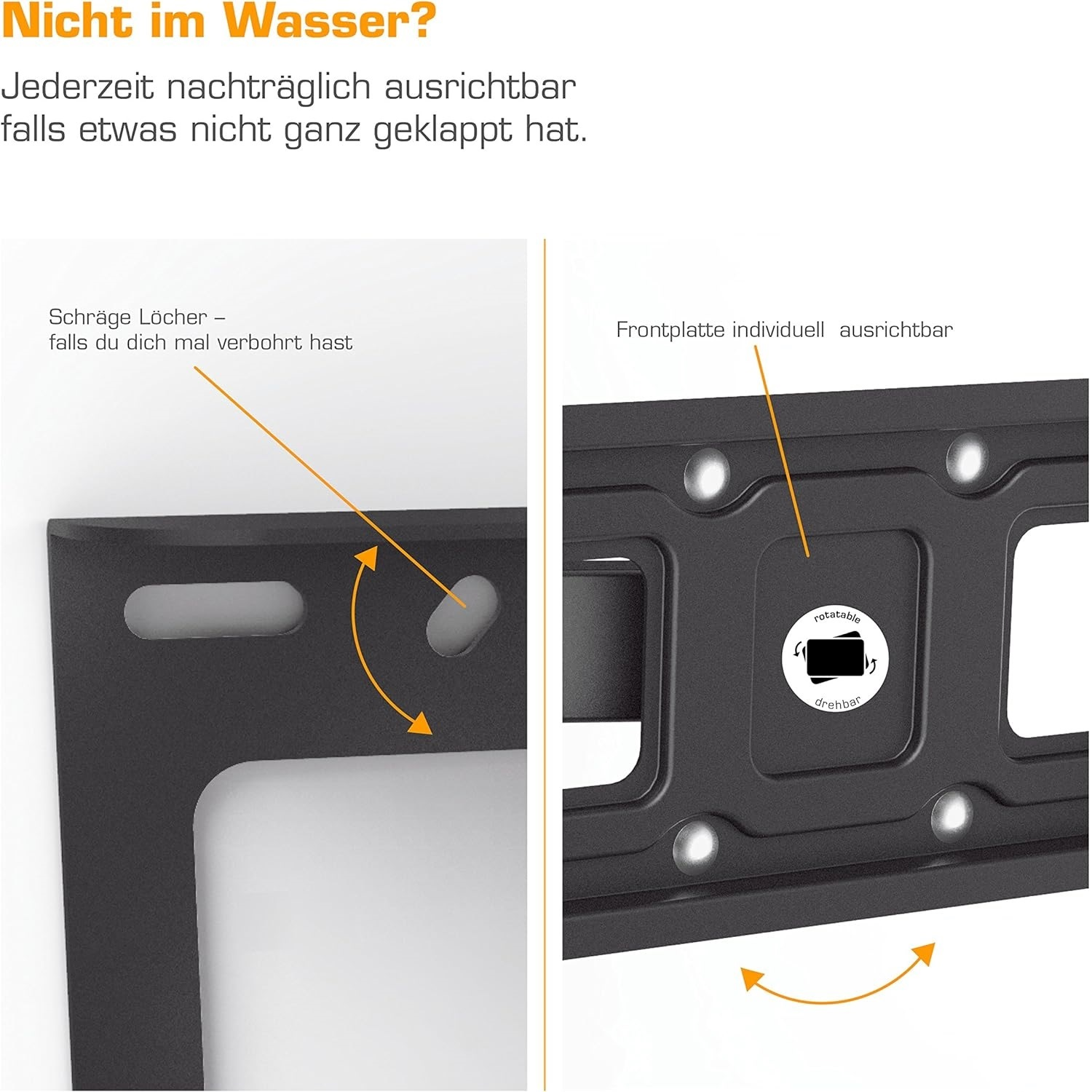 Das Bild zeigt Teile einer schwarzen Halterung mit Textbeschriftungen und Pfeilen, die Verstellbarkeit und Funktionen wie Drehen und schräge Löcher anzeigen.