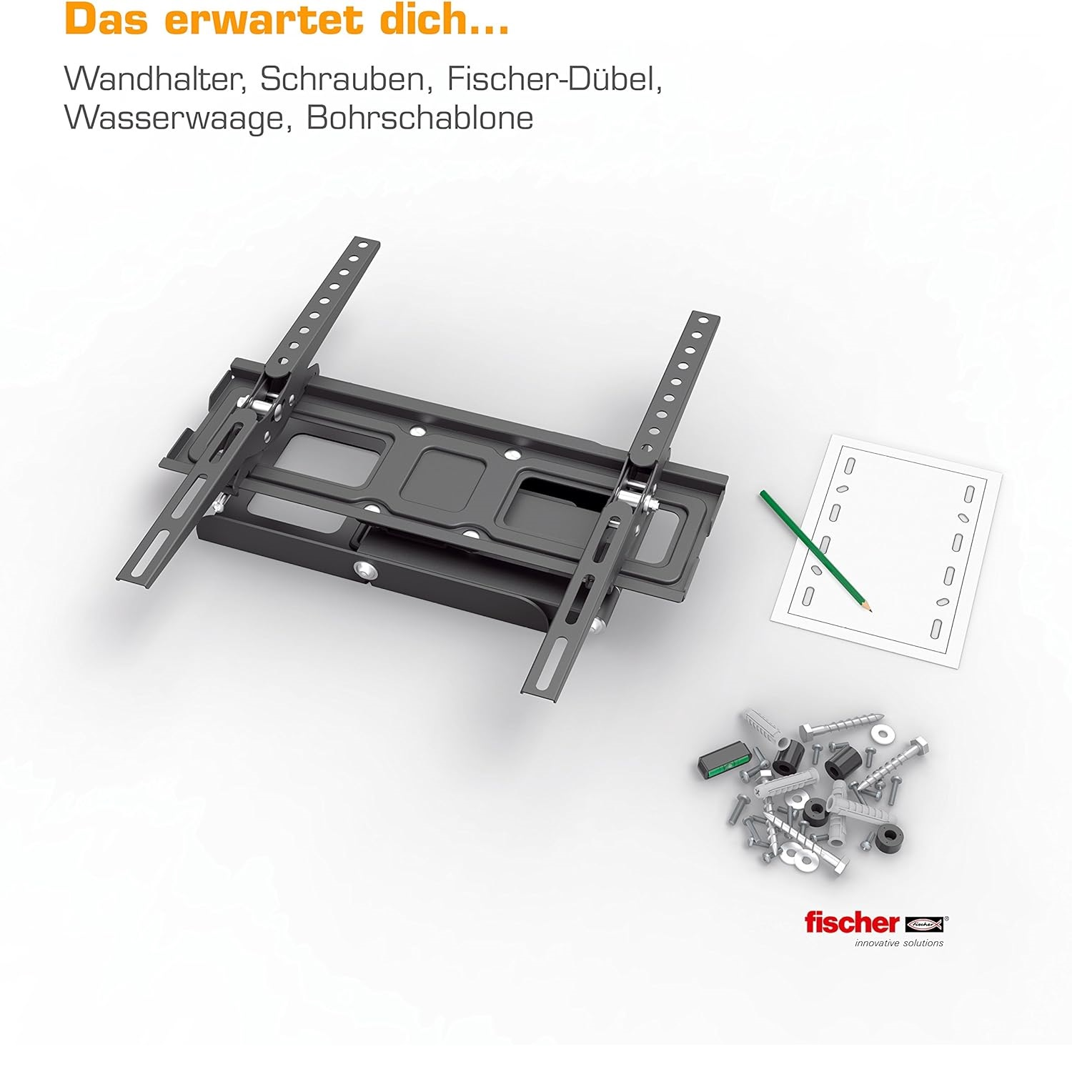 Ein schwarzes TV-Wandhalterungs-Kit mit Schrauben, Fischer-Dübeln, einer Wasserwaage und einer Bohrschablone.