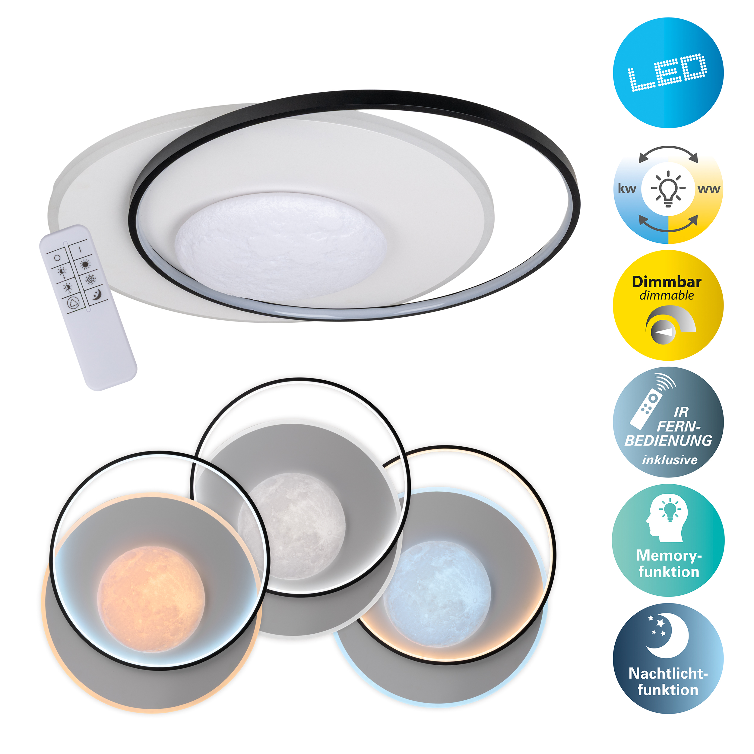 Eine moderne LED-Deckenleuchte mit Fernbedienung. Merkmale sind dimmbar, Nachtlichtfunktion und Speicherfunktion.