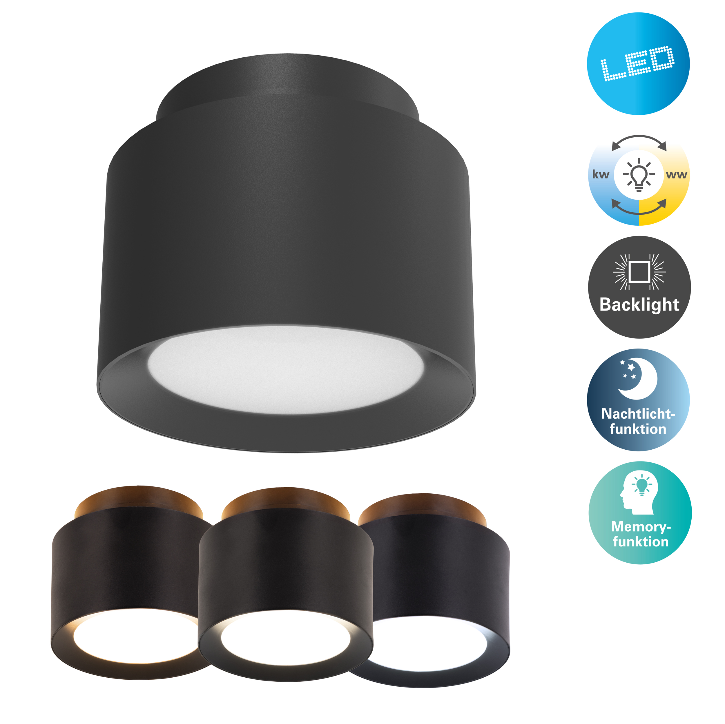 Eine schwarze Deckenleuchte mit weißem Licht. Darunter drei kleinere Leuchten und Symbole für LED, Hintergrundbeleuchtung und Speicherfunktion.