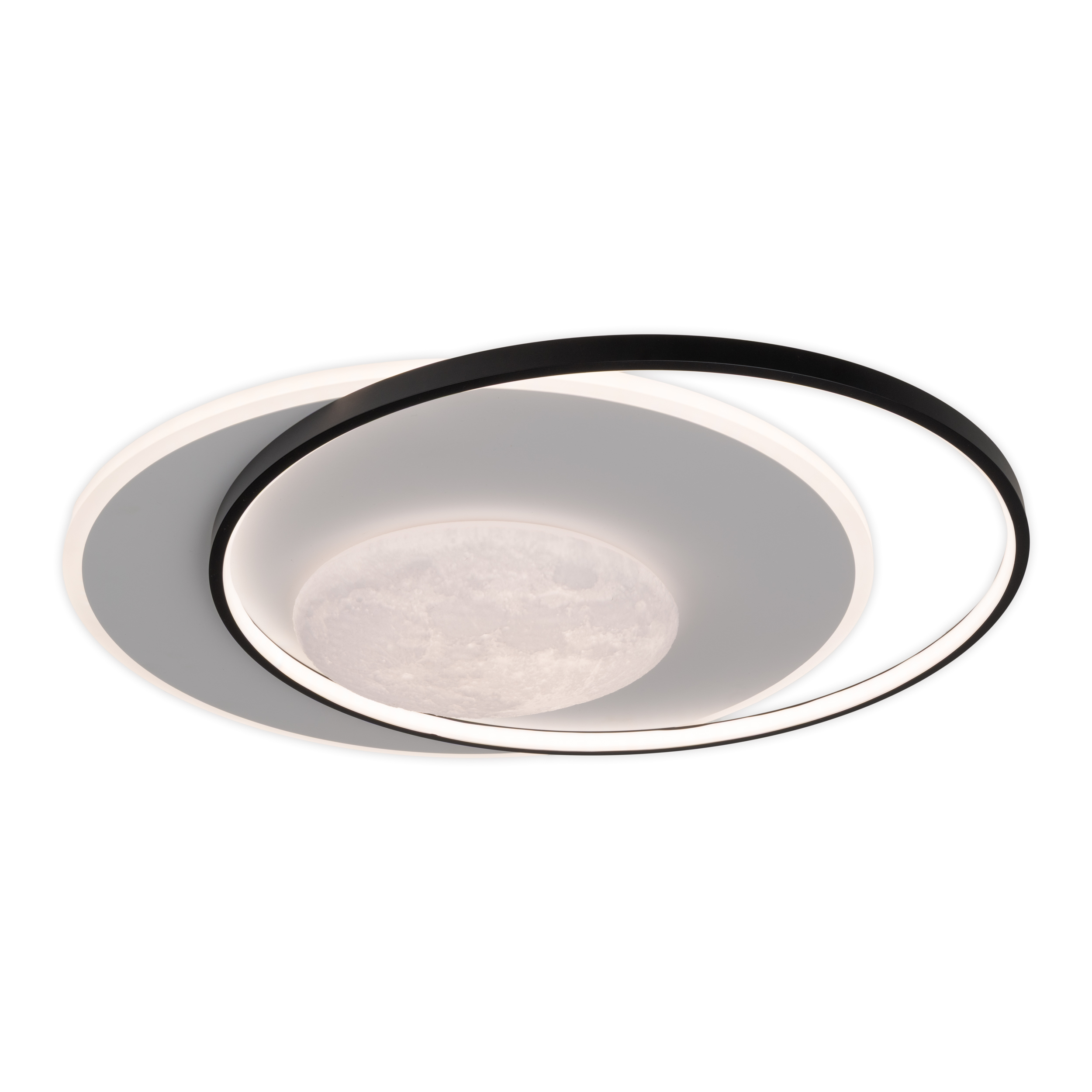 Eine moderne Deckenleuchte. Sie hat ein kreisförmiges Design mit einem schwarzen Außenring und einem weißen Innenraum.