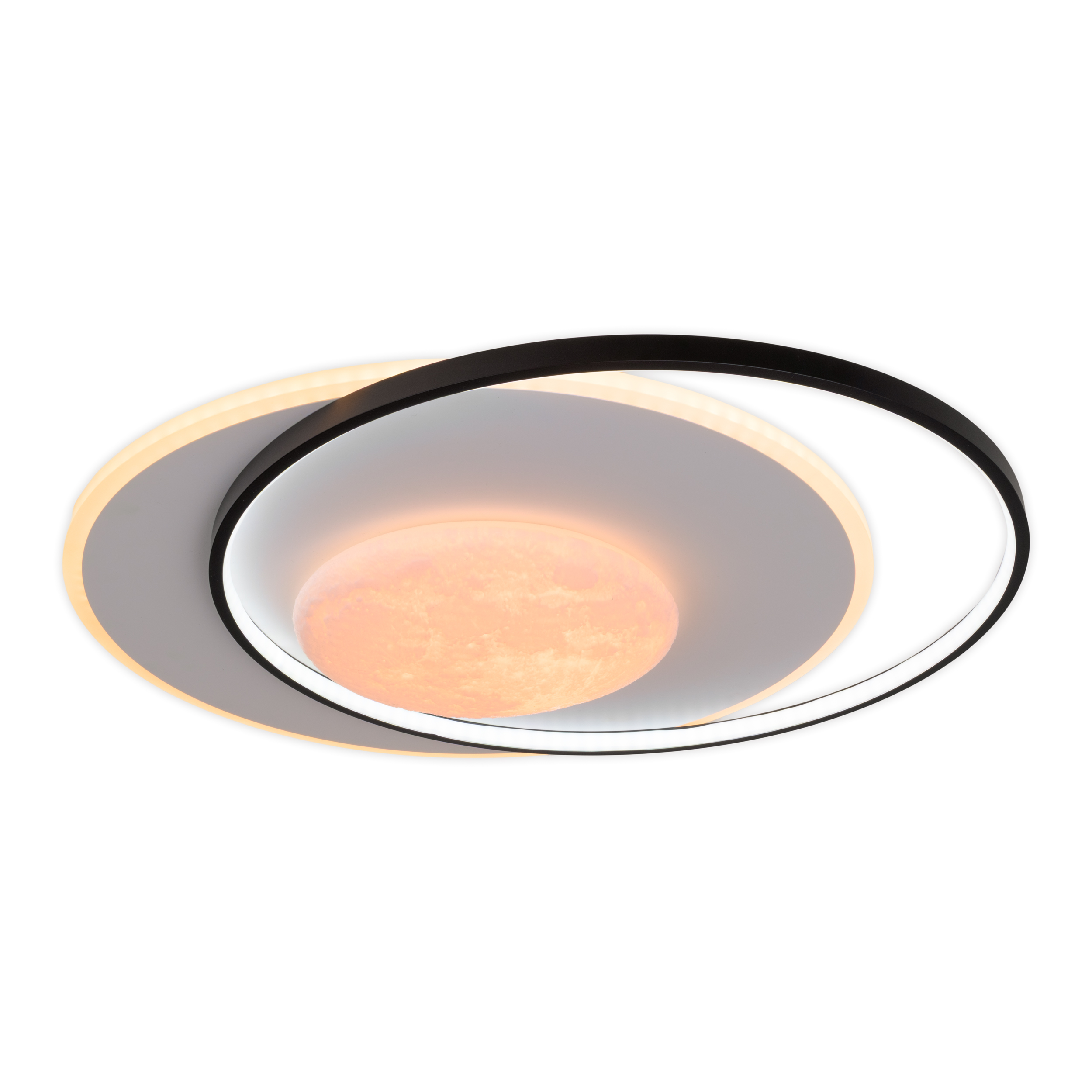Moderne Deckenleuchte mit schwarzem Ring und orangefarbenem Zentrum.