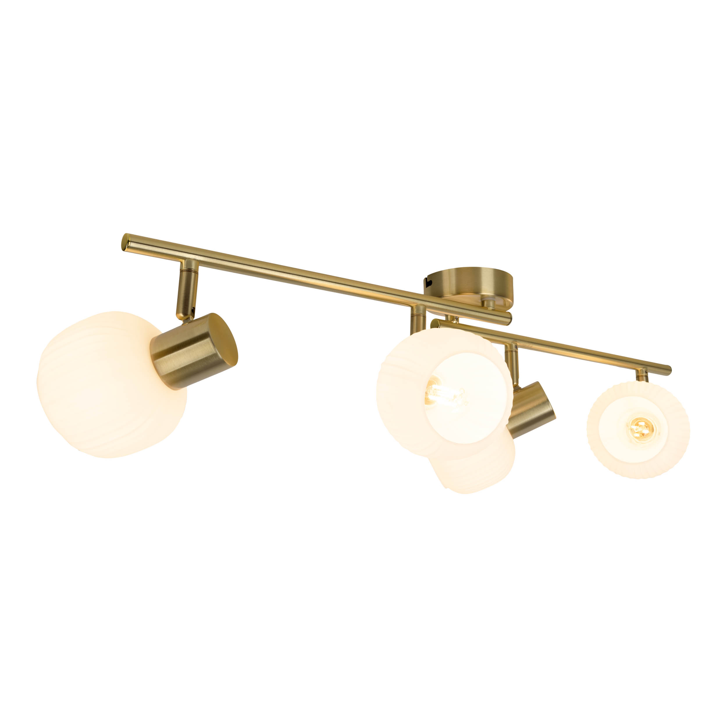 Eine Deckenleuchte mit drei Lampen, jede mit weißem Glasschirm. Die Leuchte ist goldfarben.