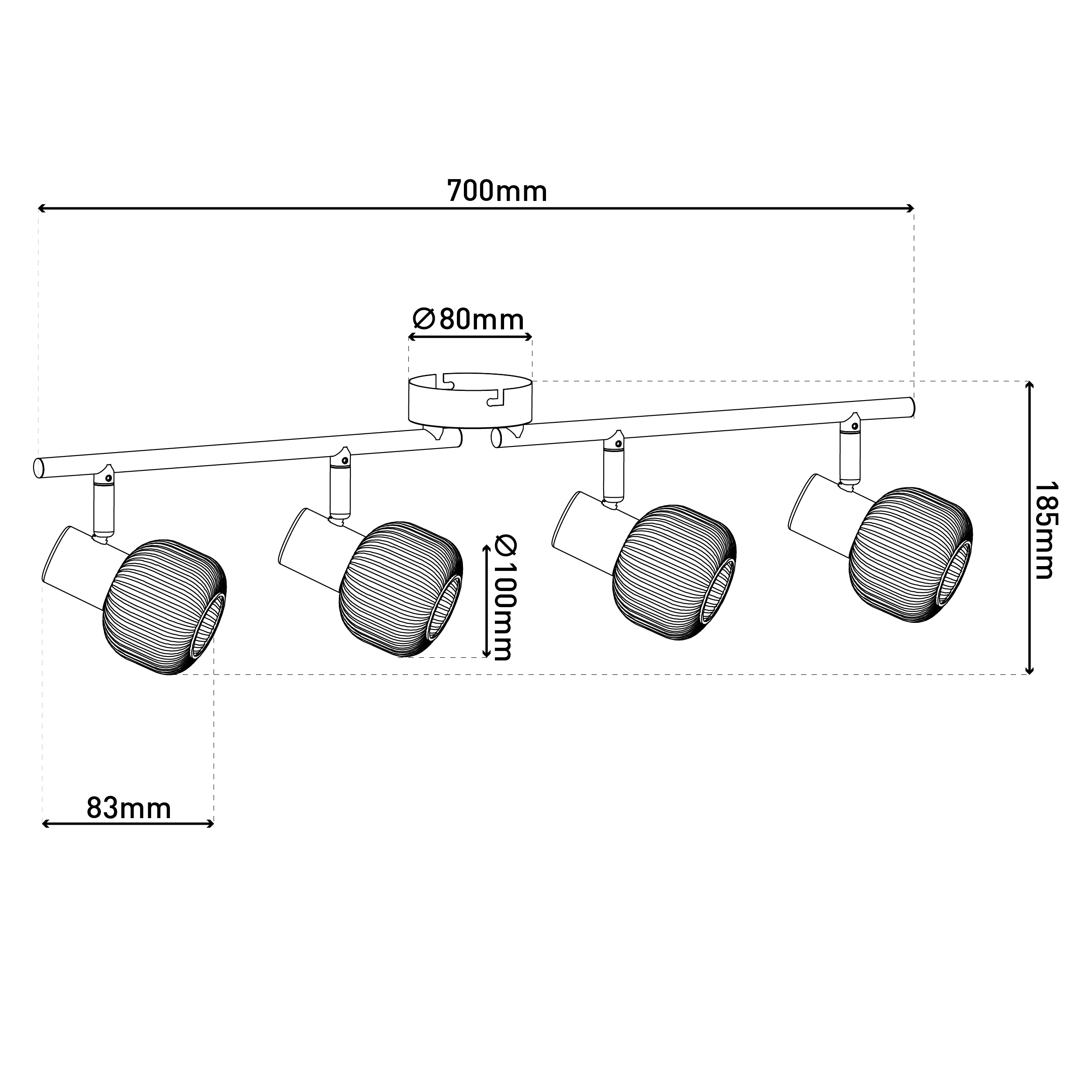 Diagramm einer Schienenbeleuchtung, Abmessungen. Es hat 4 Leuchten, eine Montageplatte und eine horizontale Stange.
