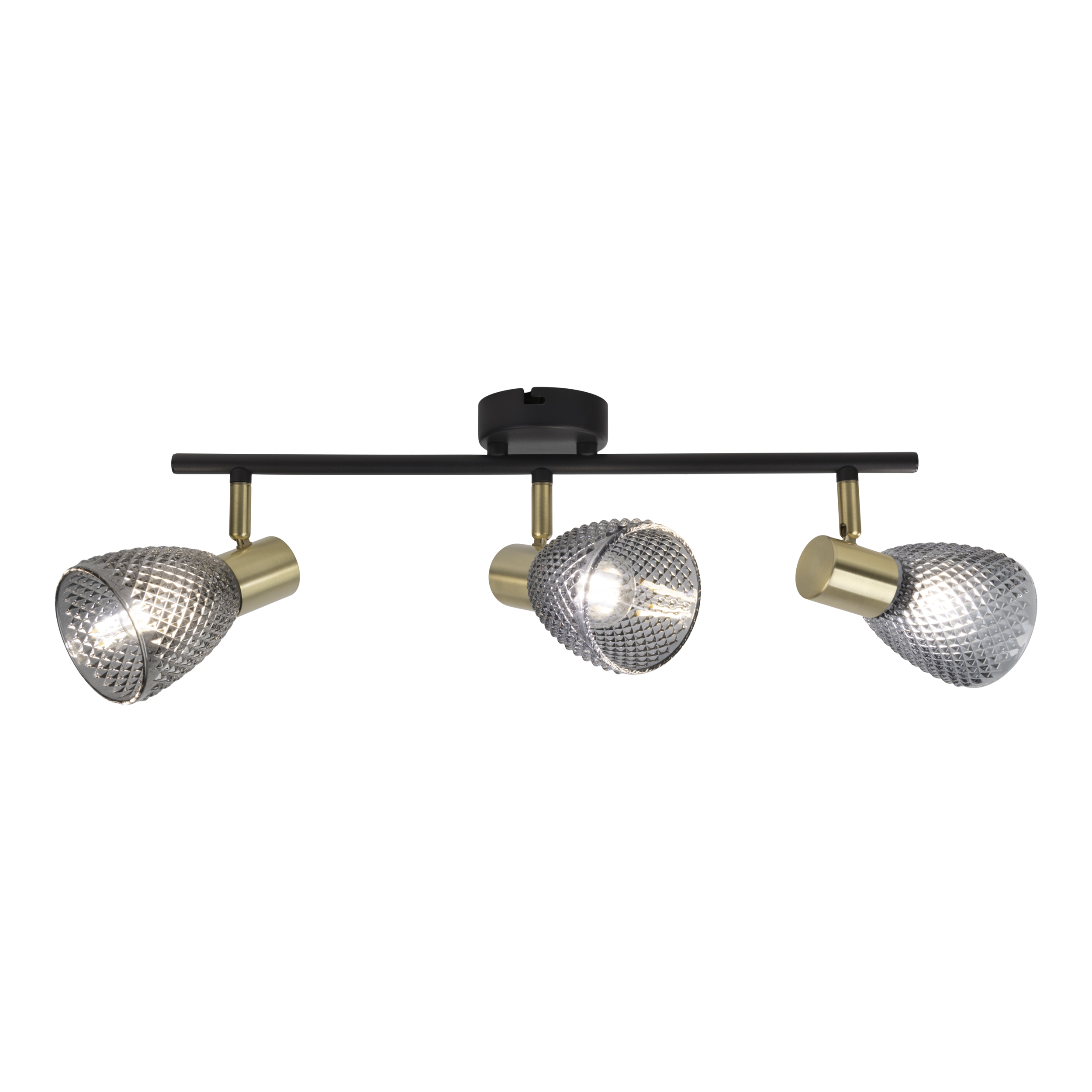 Eine Deckenleuchte mit drei Lampen. Jede Lampe hat einen facettierten Glasschirm und einen goldfarbenen Sockel.