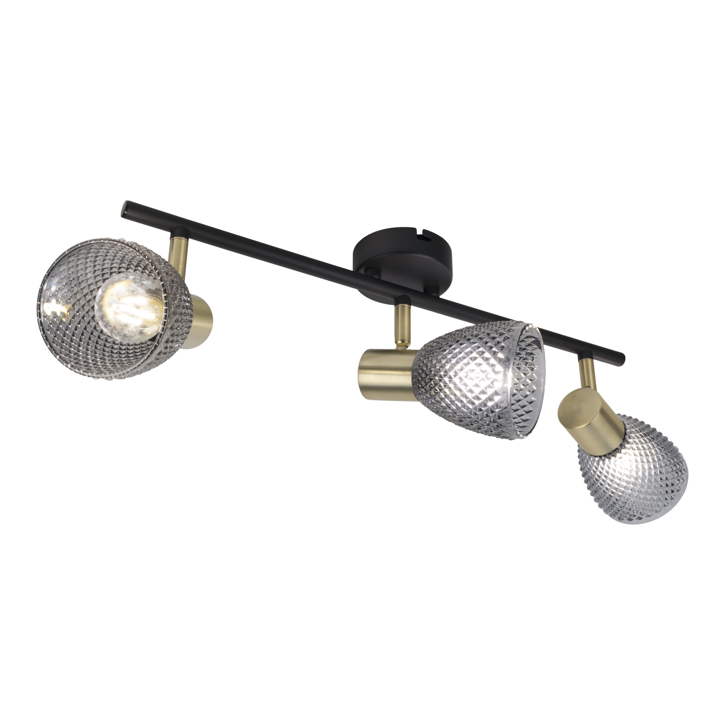 Eine moderne schwarze und goldene Deckenleuchte mit drei strukturierten Glasschirmen, jeweils mit einer Glühbirne auf weißem Hintergrund.