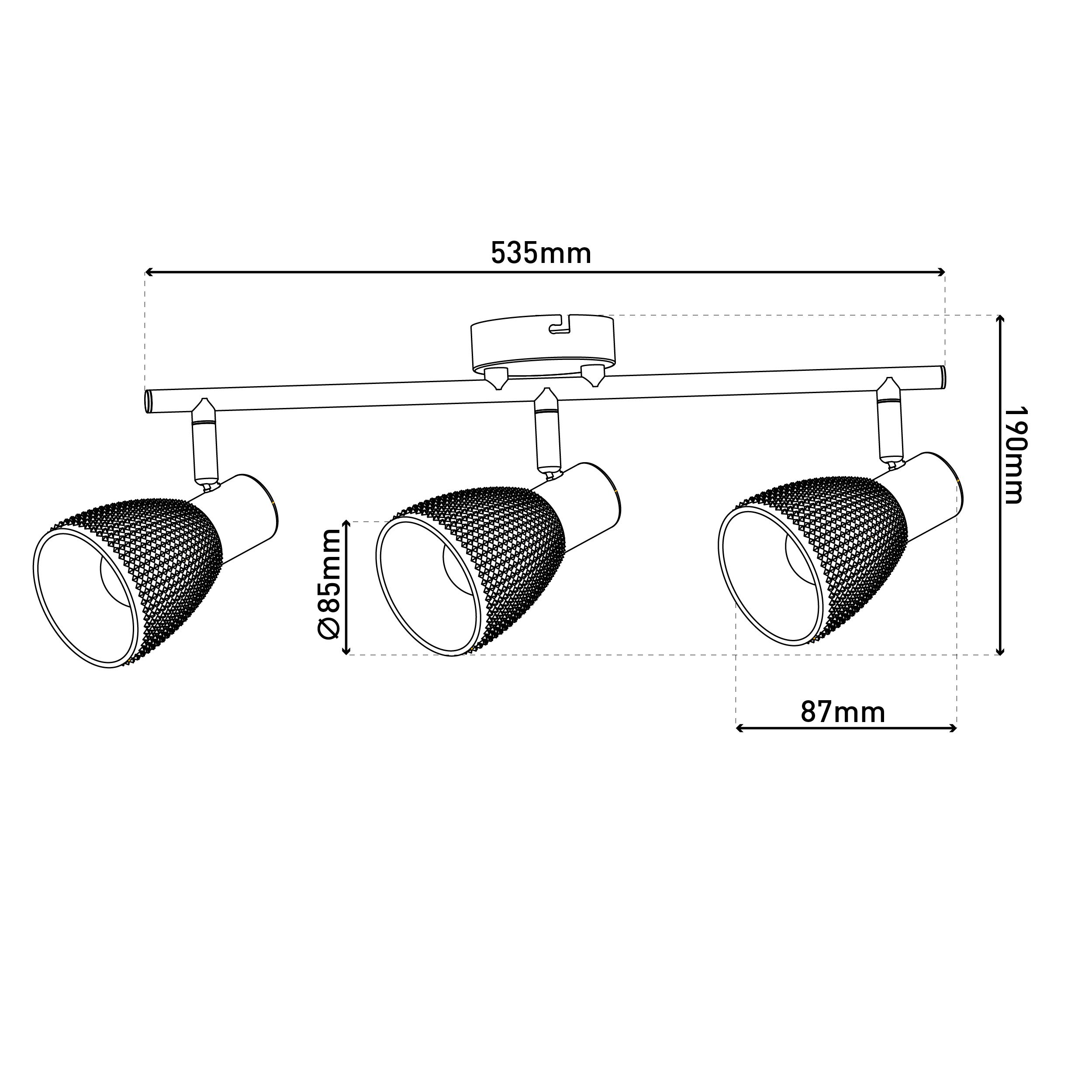 Eine schematische Darstellung einer dreifachen Leuchte. Maße sind angegeben: 535mm, 190mm, 87mm und Ø85mm. Der Hintergrund ist weiß.
