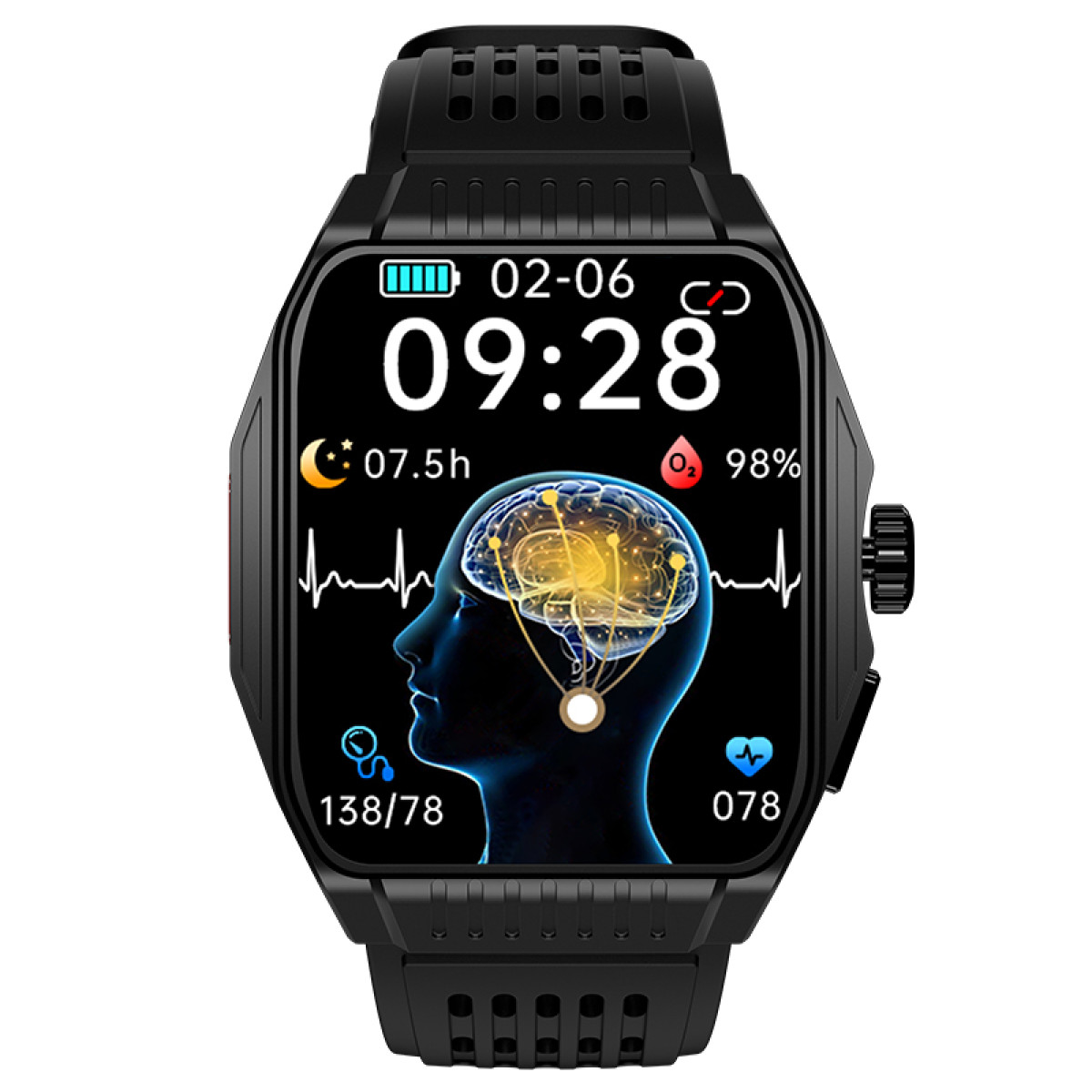 Schwarze Smartwatch mit Anzeige von Uhrzeit, Datum und Gesundheitsmetriken. Zeigt Herzfrequenz, Blutsauerstoff und Gehirnaktivität.