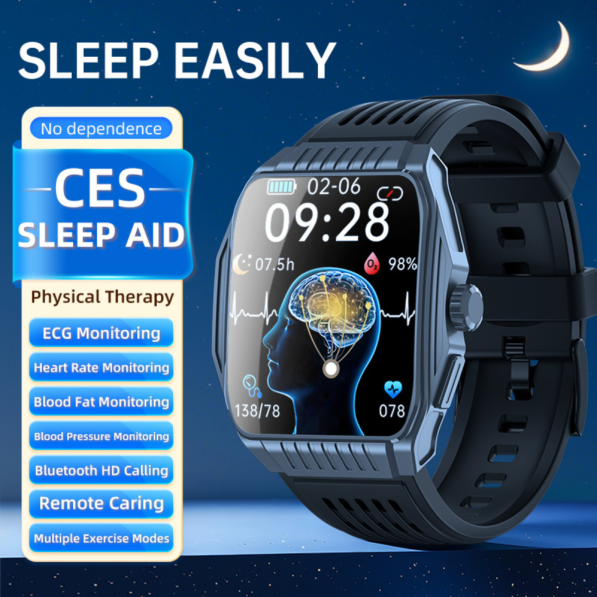 Smartwatch mit Schlaffunktionen. Zeigt Zeit, Gesundheitsmetriken und eine Gehirndarstellung. Funktionen umfassen EKG, Herzfrequenz, Blutdruck.