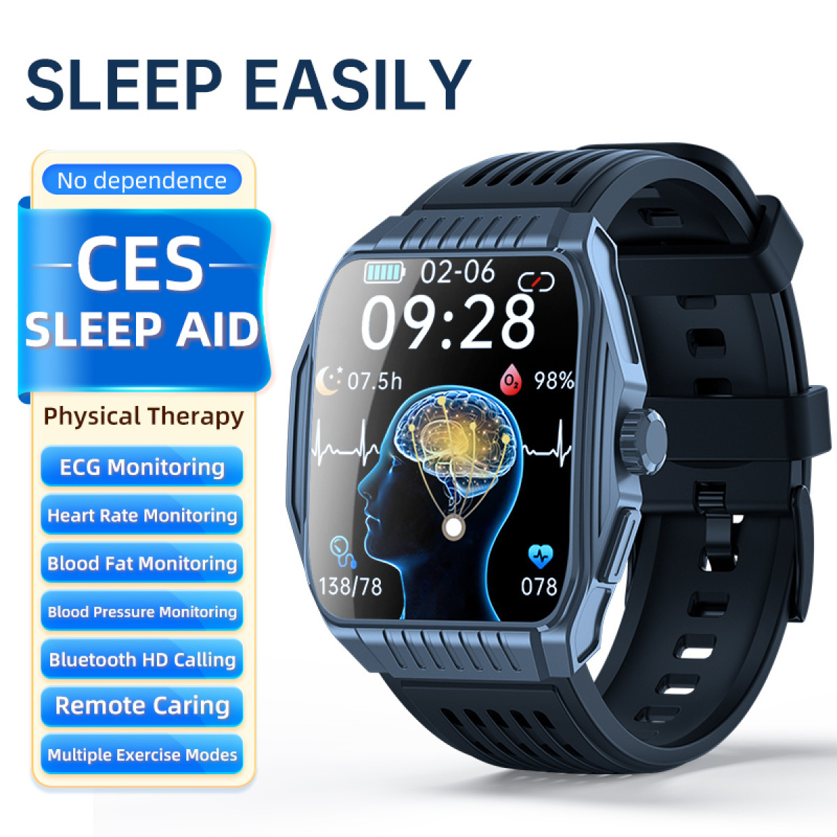 Eine Smartwatch mit einem Bildschirm, der ein Gehirnbild, Zeit und Gesundheitsmetriken anzeigt. Textkennzeichnungen bewerben Schlaffunktionen und Physiotherapie.