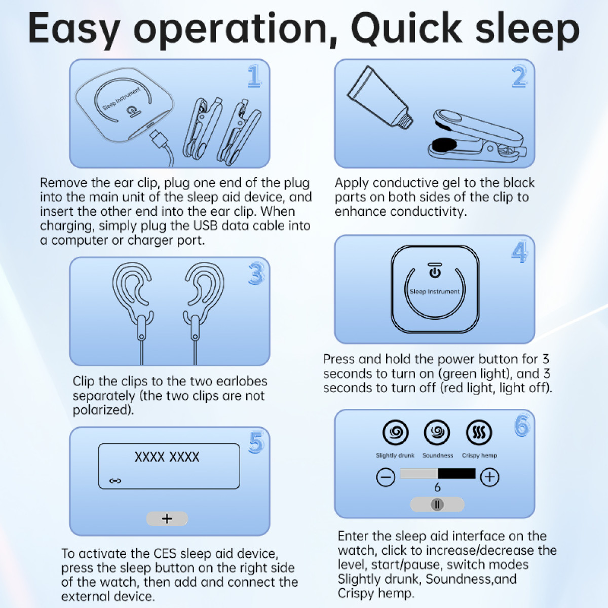Diagramm mit Anweisungen für das Schlafhilfegerät: Clips an Ohrläppchen befestigen, Gel auftragen und das Gerät bedienen.