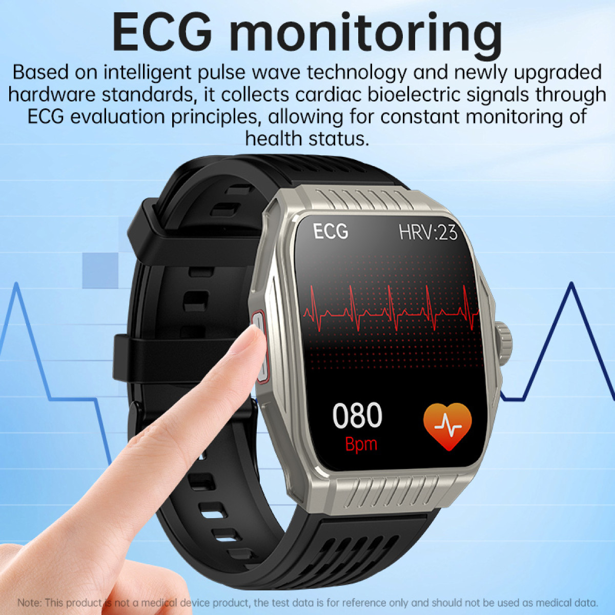 Eine Smartwatch zeigt eine EKG-Messung an, wobei ein Finger die Seite berührt. Es zeigt die Herzfrequenz und EKG-Welle.