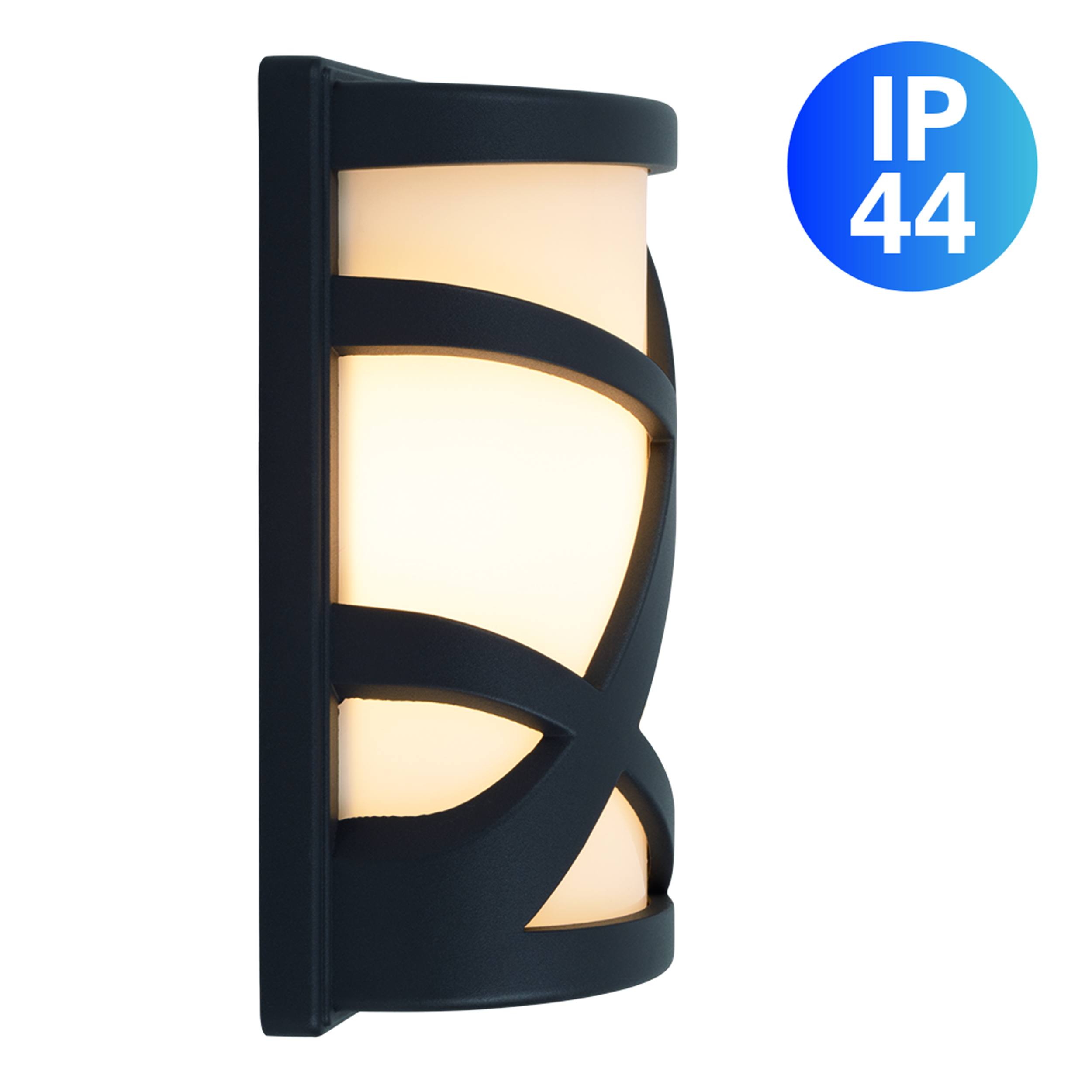 Schwarze Außenlampe mit warmem Licht. Sie hat ein dekoratives Design und die Schutzart IP44. Der Hintergrund ist weiß.