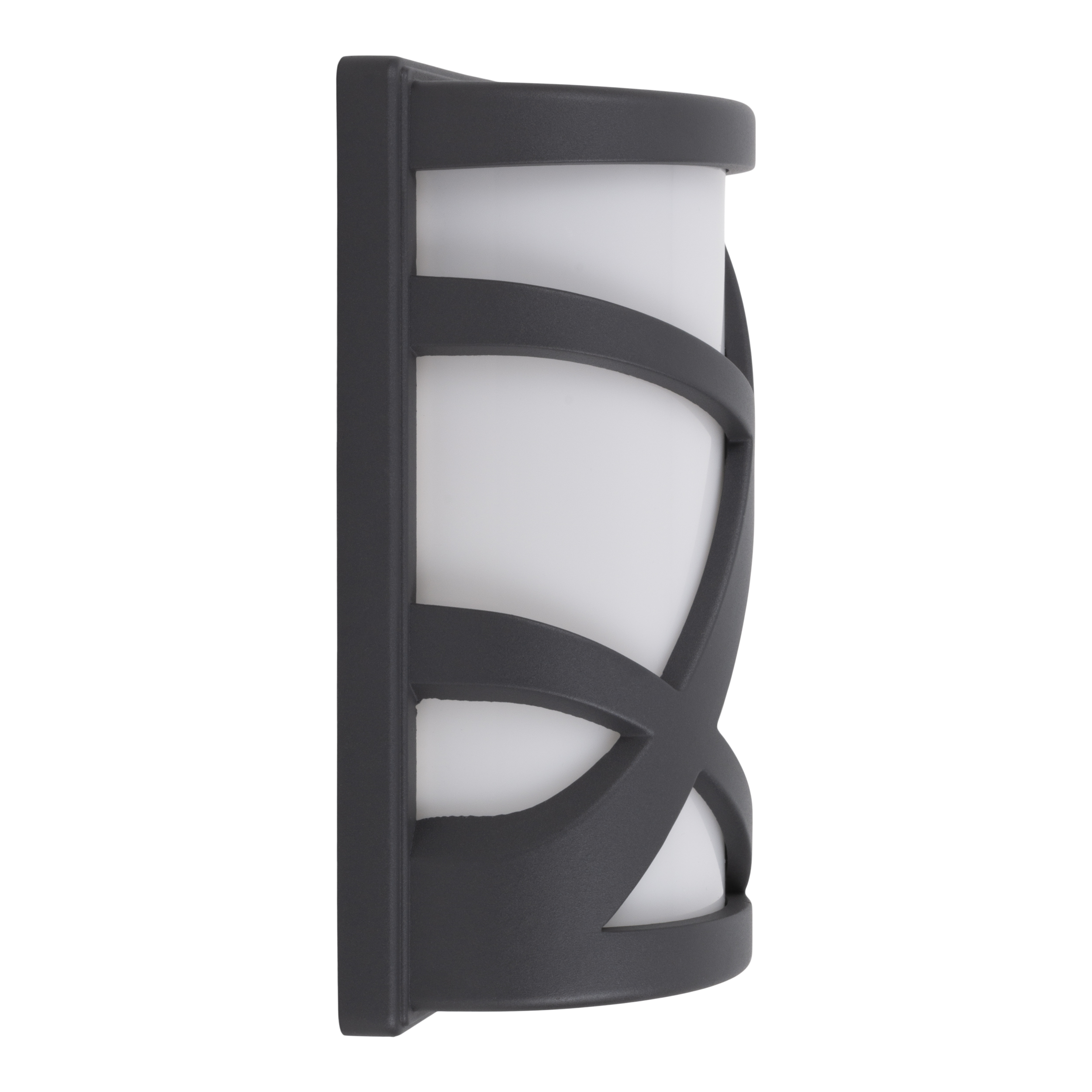 Eine dunkelgraue Wandleuchte mit einem weißen Innenlicht. Das Design der Leuchte hat ein gitterartiges Muster.