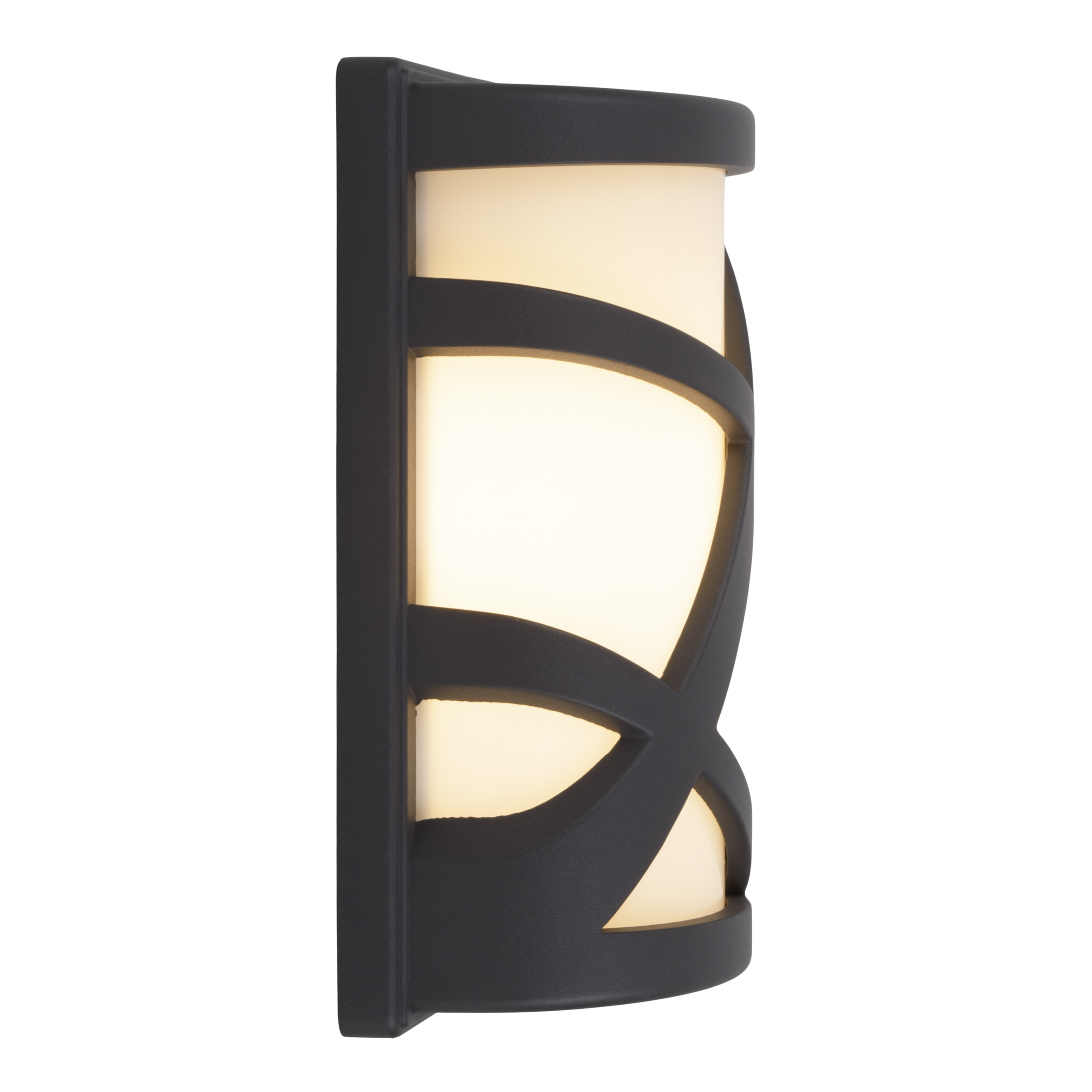 Schwarze Außenwandleuchte mit warmweißem Licht. Sie hat eine rechteckige Form mit dekorativem Design.
