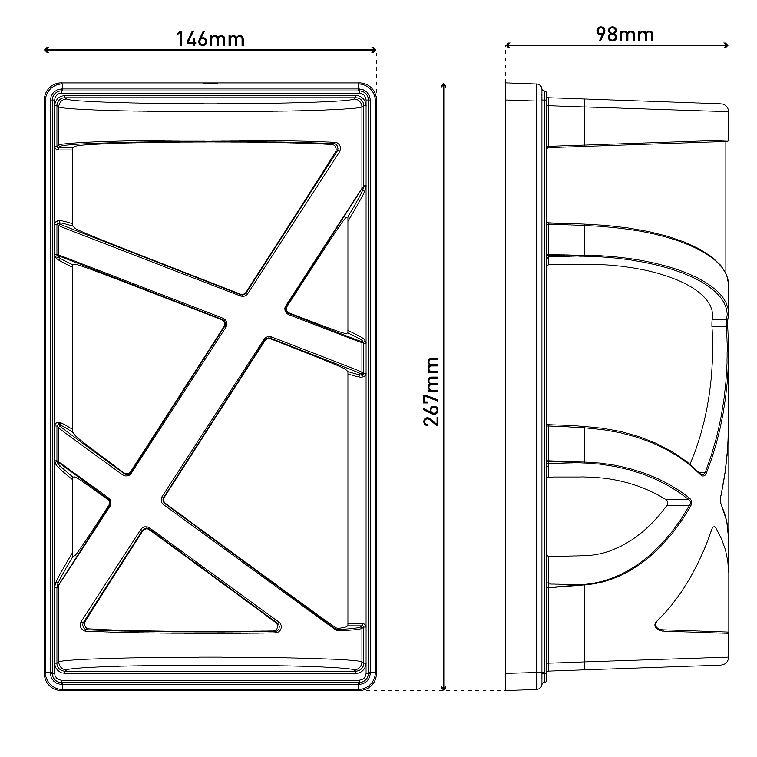 Technische Zeichnung eines rechteckigen Objekts mit den Maßen: 146 mm x 267 mm x 98 mm, mit innerer kreuzförmiger Struktur.