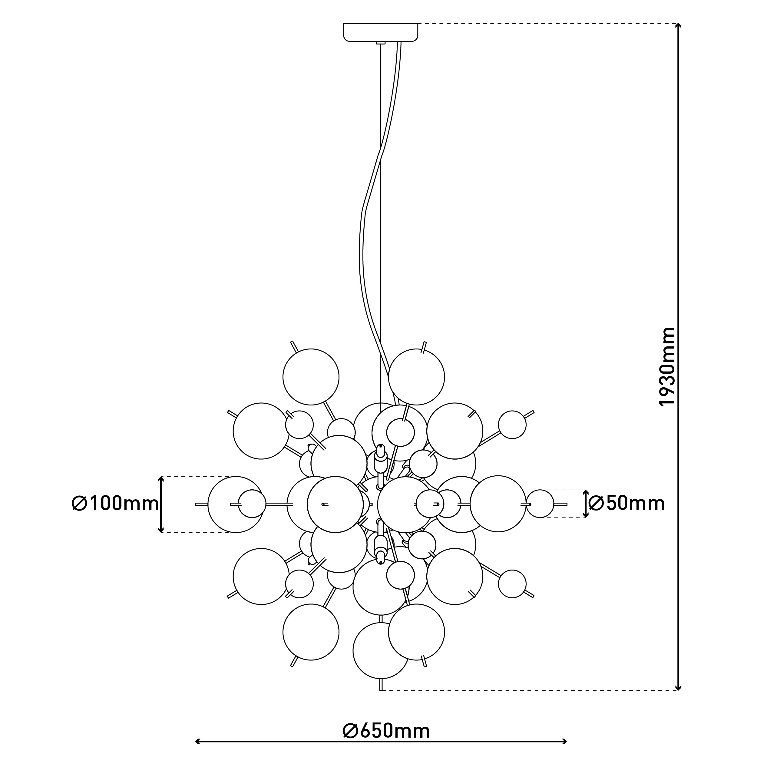 Diagramm eines Kronleuchters mit Maßangaben. Es zeigt eine Ansammlung miteinander verbundener Kreise, die an einer Deckenhalterung hängen.