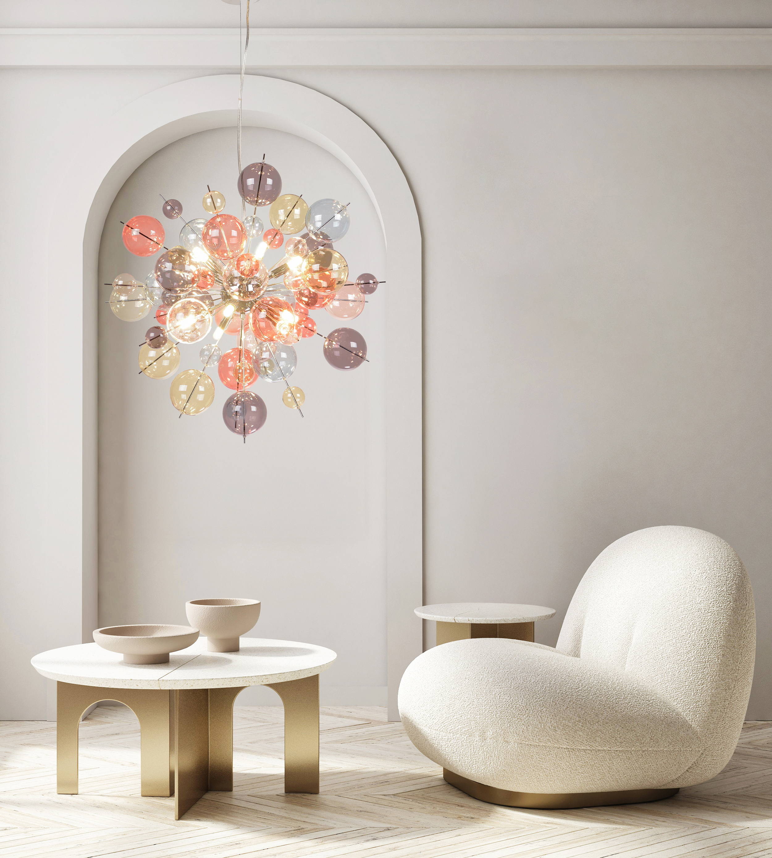 Ein Raum mit einem dekorativen Kronleuchter, einem weißen Stuhl, einem Tisch mit Schalen und einem Holzboden.