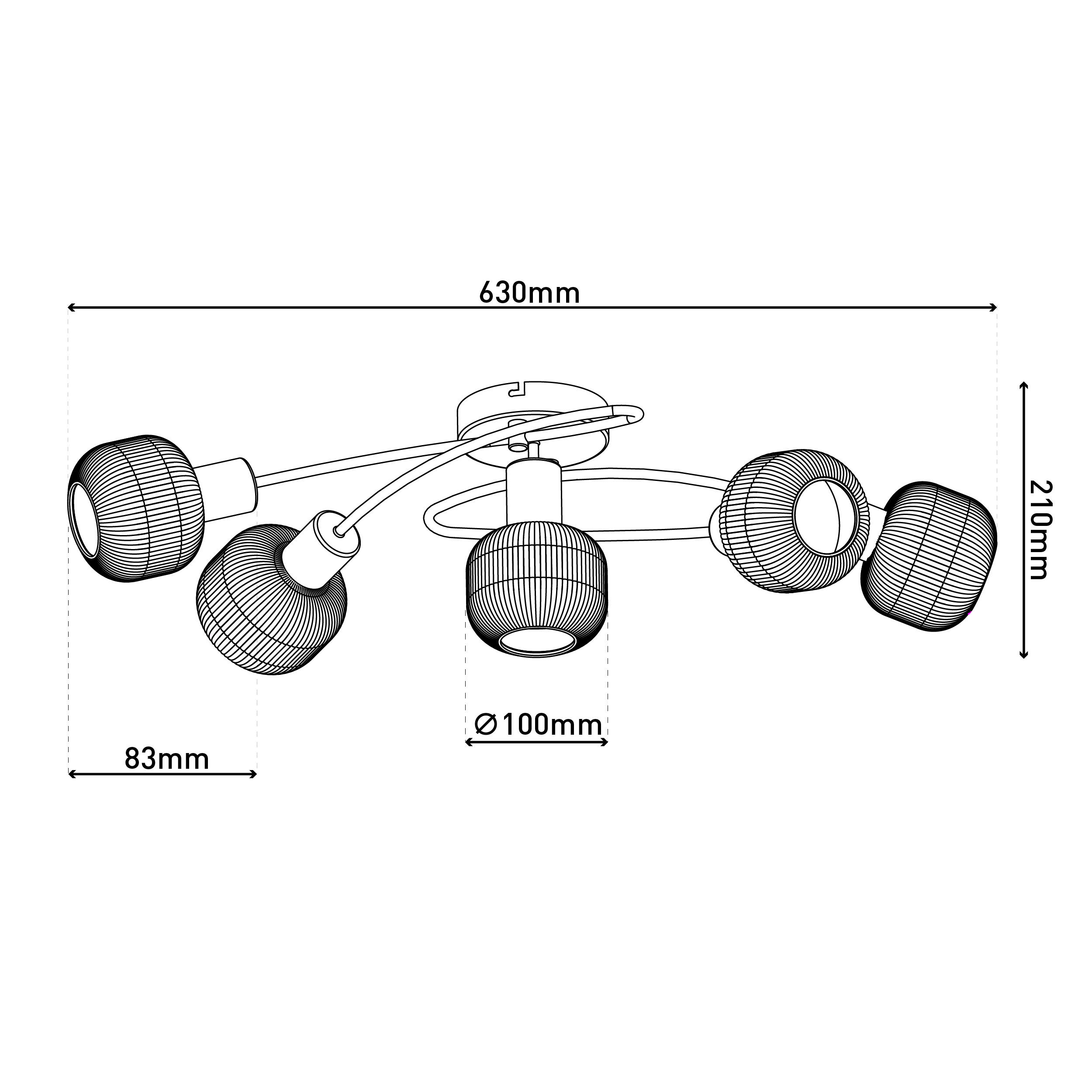 Eine Strichzeichnung zeigt eine Deckenleuchte mit fünf Lampen, jede mit einem zylindrischen, gerippten Schirm.