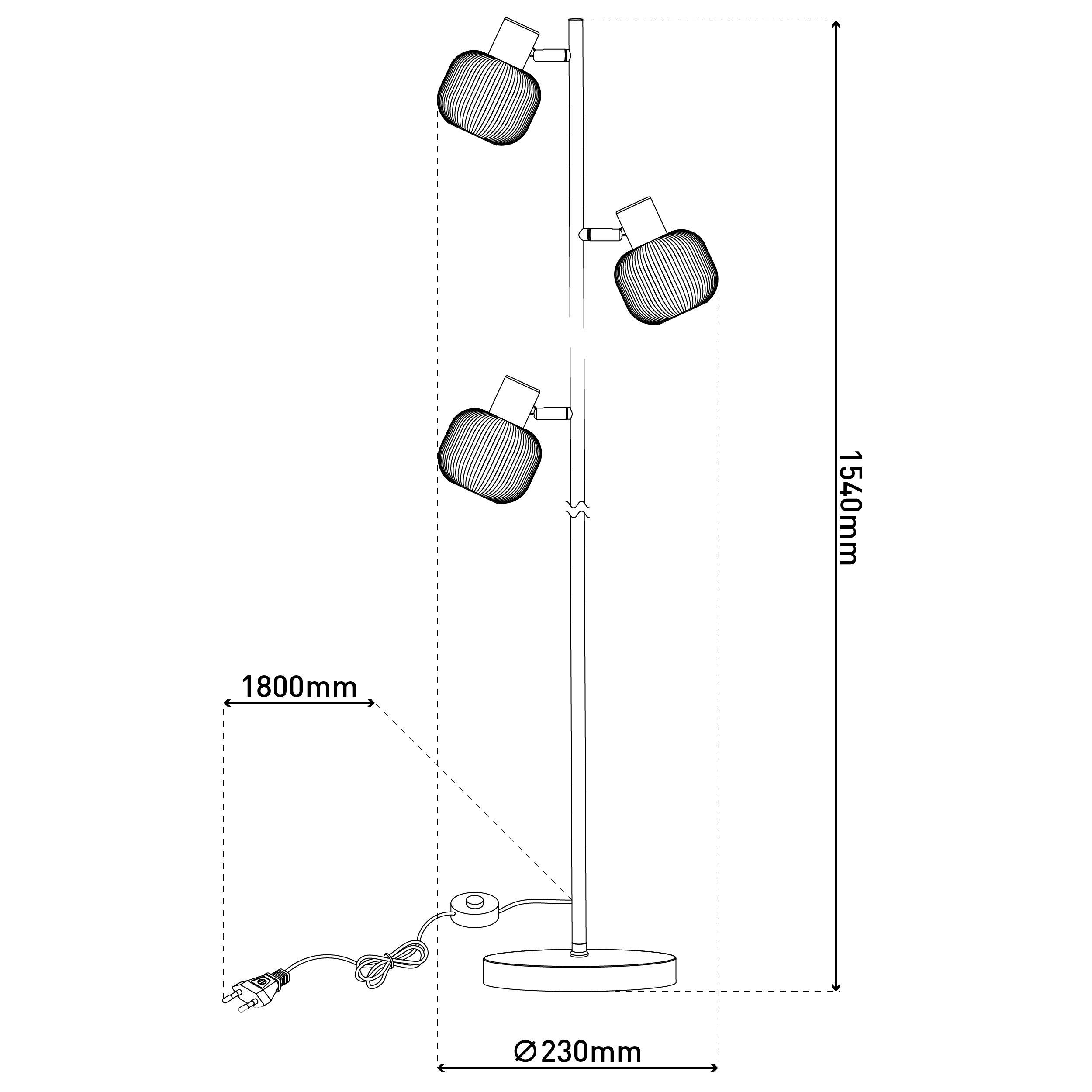 Schwarz-Weiß-Diagramm einer Stehlampe mit Abmessungen und Designelementen.
