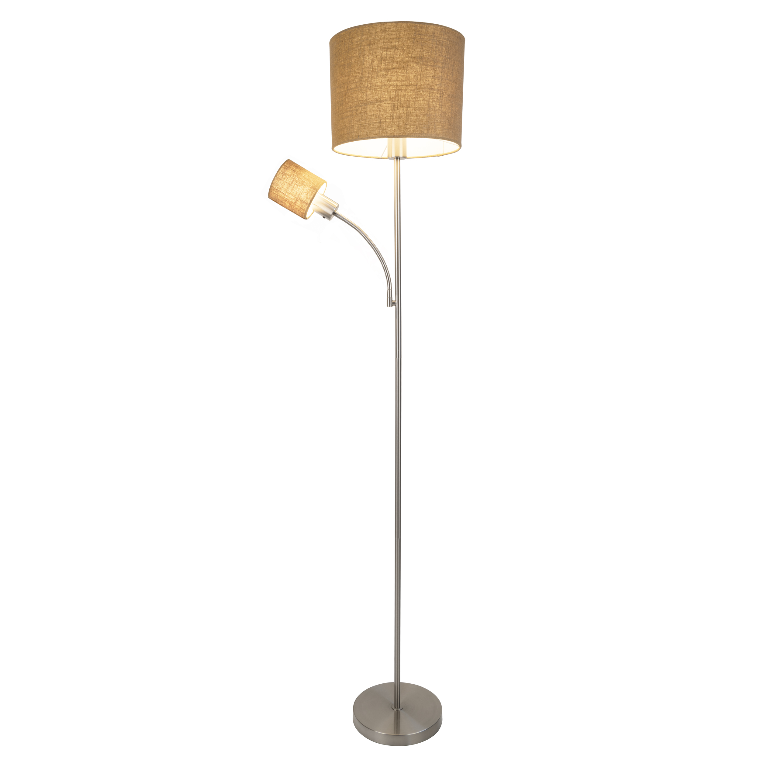 Eine Stehlampe mit zwei Schirmen. Der größere Schirm befindet sich über dem kleineren. Der Fuß ist rund.