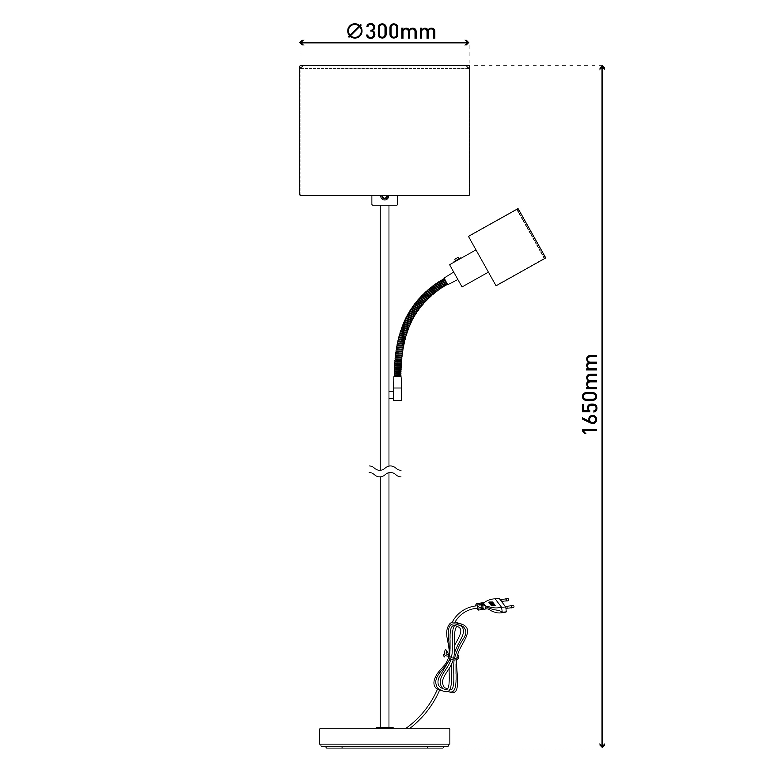 Strichzeichnung einer Stehlampe. Sie hat einen Lampenschirm, einen verstellbaren Arm und einen Sockel. Abmessungen sind angegeben.