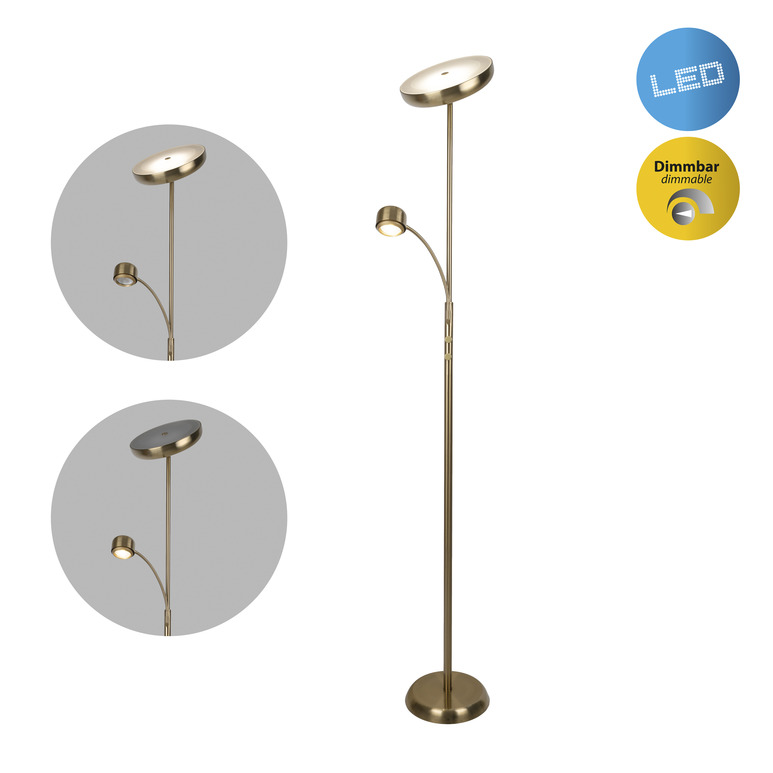 Eine goldene Stehlampe mit zwei Lichtern, eines oben und ein kleineres darunter. Symbole zeigen LED und Dimmbarkeit an.