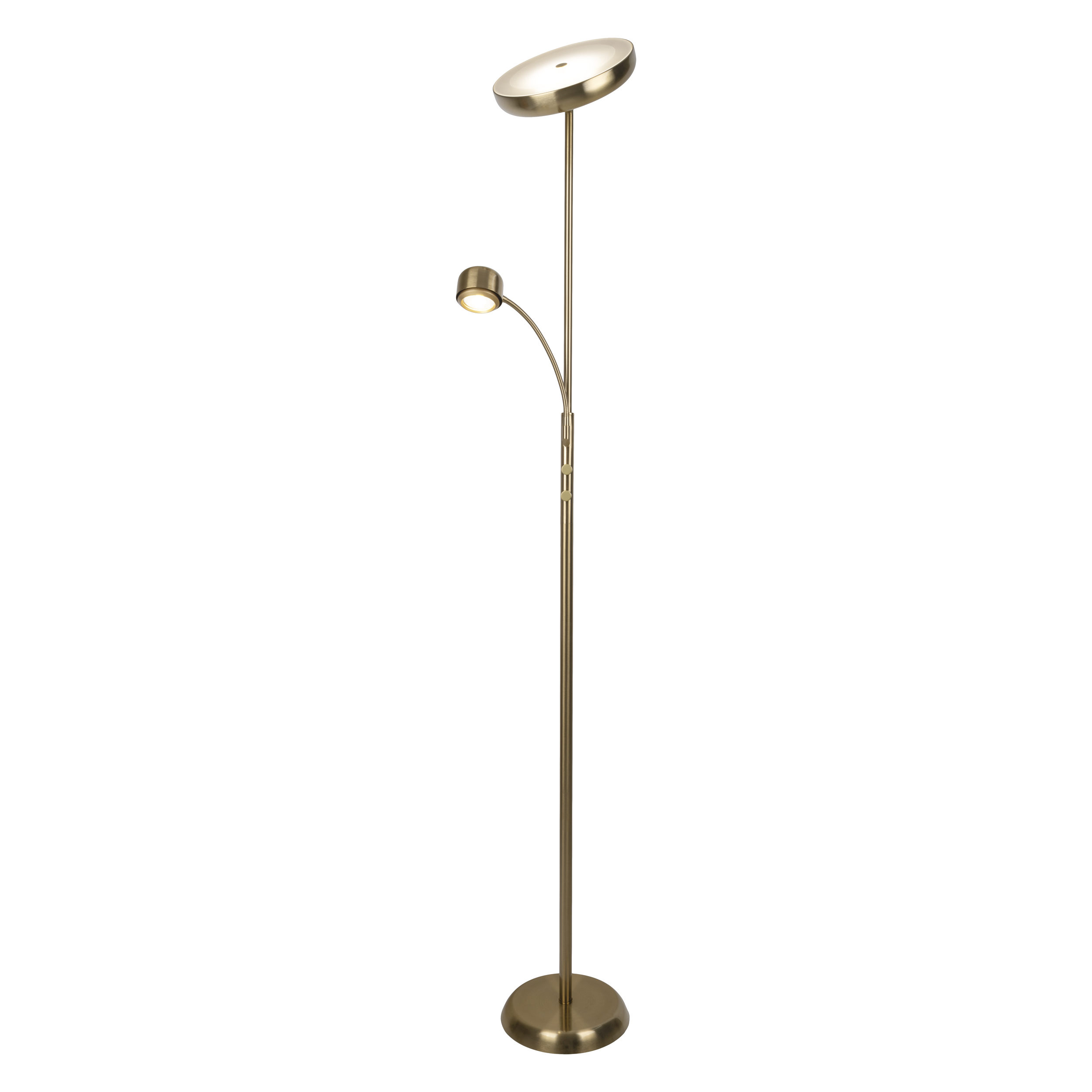 Eine goldene Stehlampe mit großem, rundem Schirm und kleinerem, verstellbaren Leselicht. Sie steht auf weißem Hintergrund.