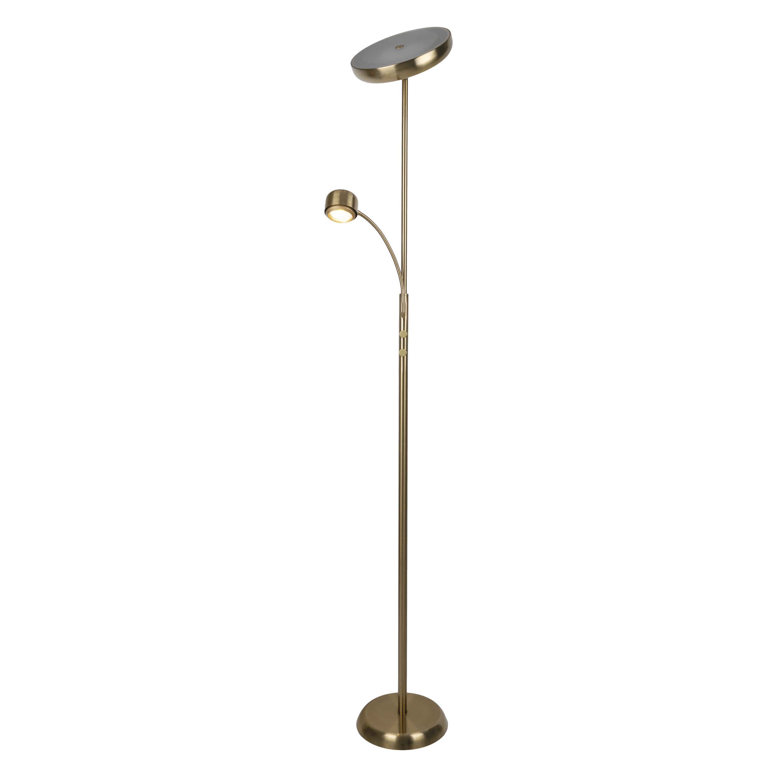 Eine goldene Stehlampe mit zwei Lichtern. Eines ist ein kleiner Scheinwerfer, das andere eine große, flache Scheibe.