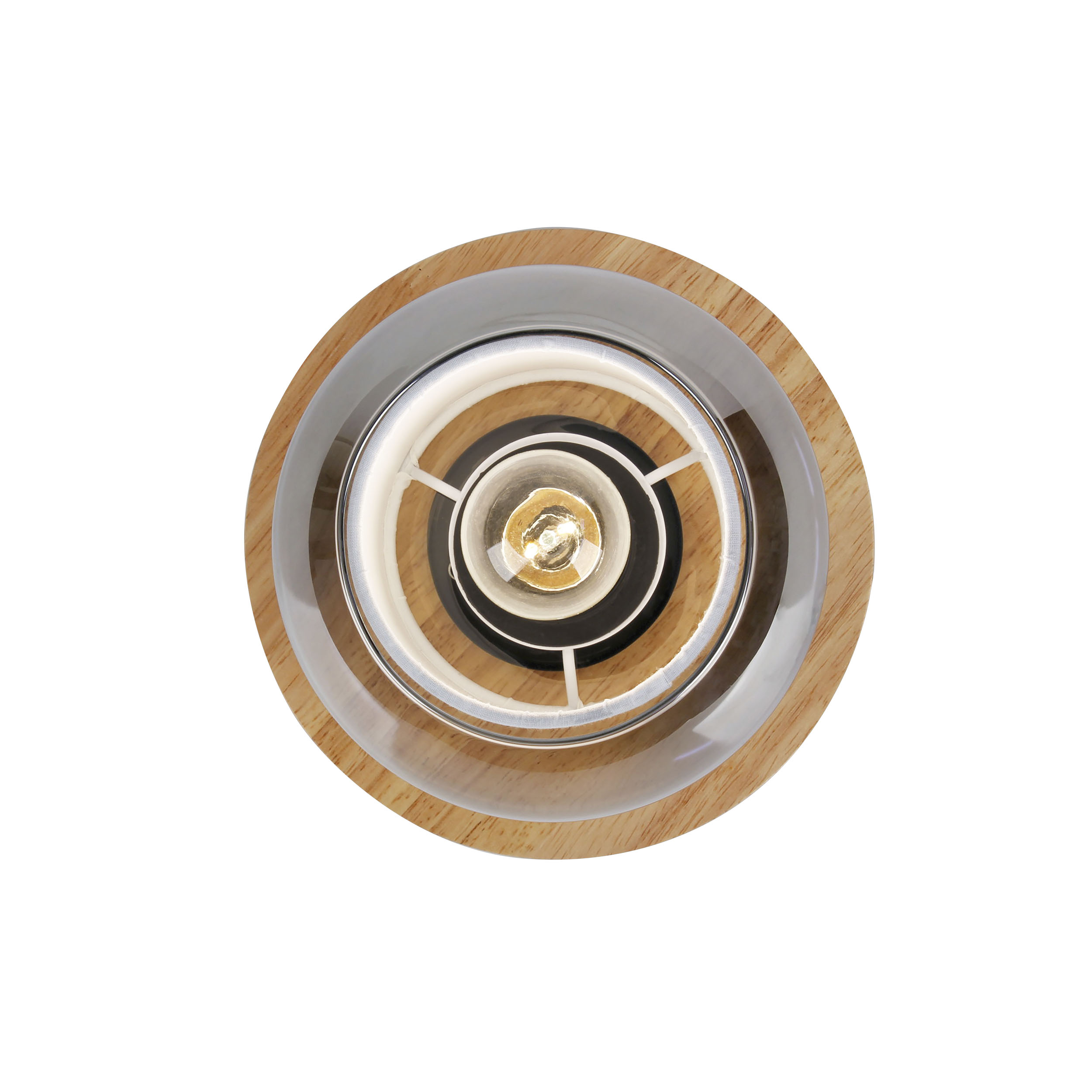 Draufsicht auf eine moderne Lampe. Sie hat einen Holzsockel, einen Glas- und Metallschirm und eine sichtbare Glühbirne.