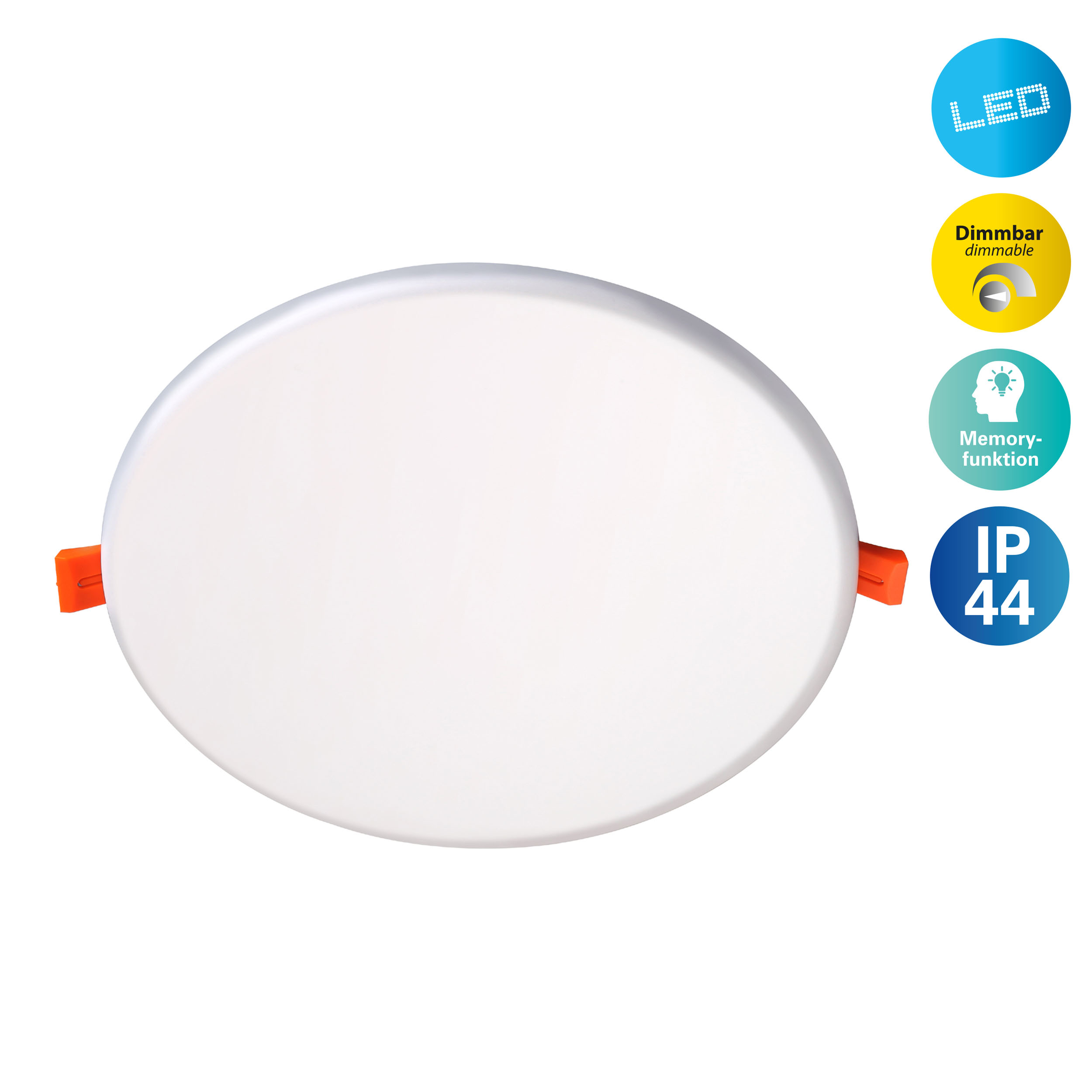 Runde, weiße LED-Leuchte mit orangefarbenen Clips. Sie hat Symbole für dimmbar, Speicherfunktion und Schutzart IP44.