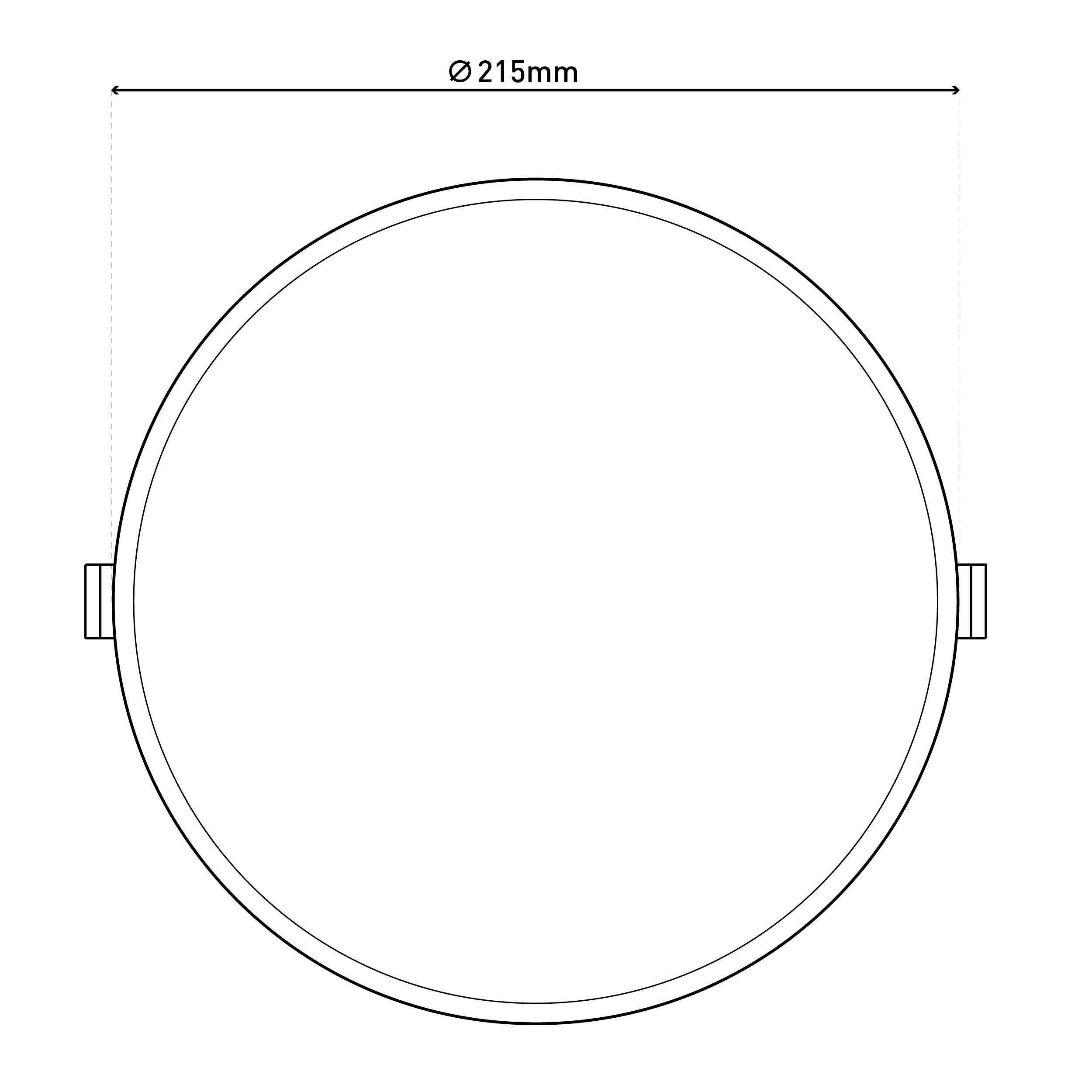 Ein Diagramm zeigt einen Kreis mit einem Durchmesser von 215 mm, markiert durch eine Linie mit Pfeilen an jedem Ende.