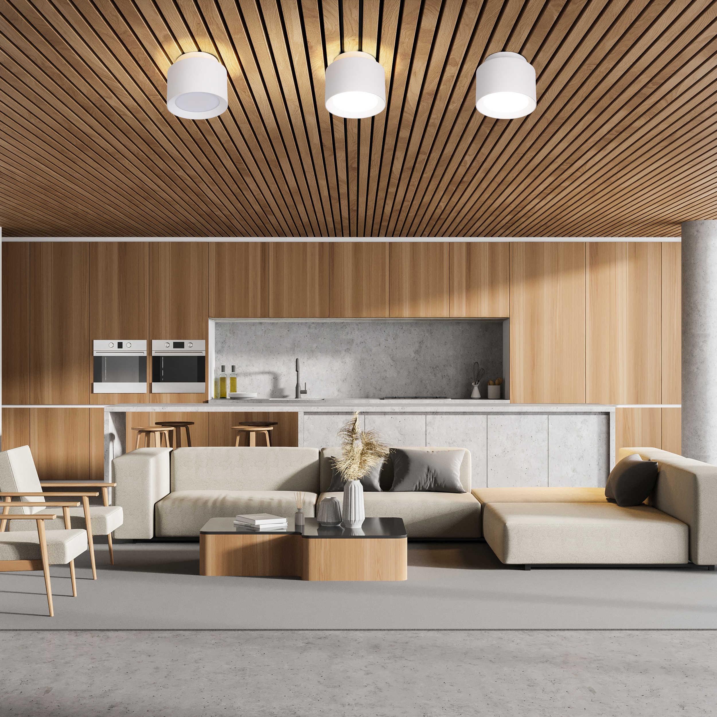Moderne Küche und Wohnzimmer-Kombination mit Holzdecke und -schränken, beigem Sofa und Betonboden.