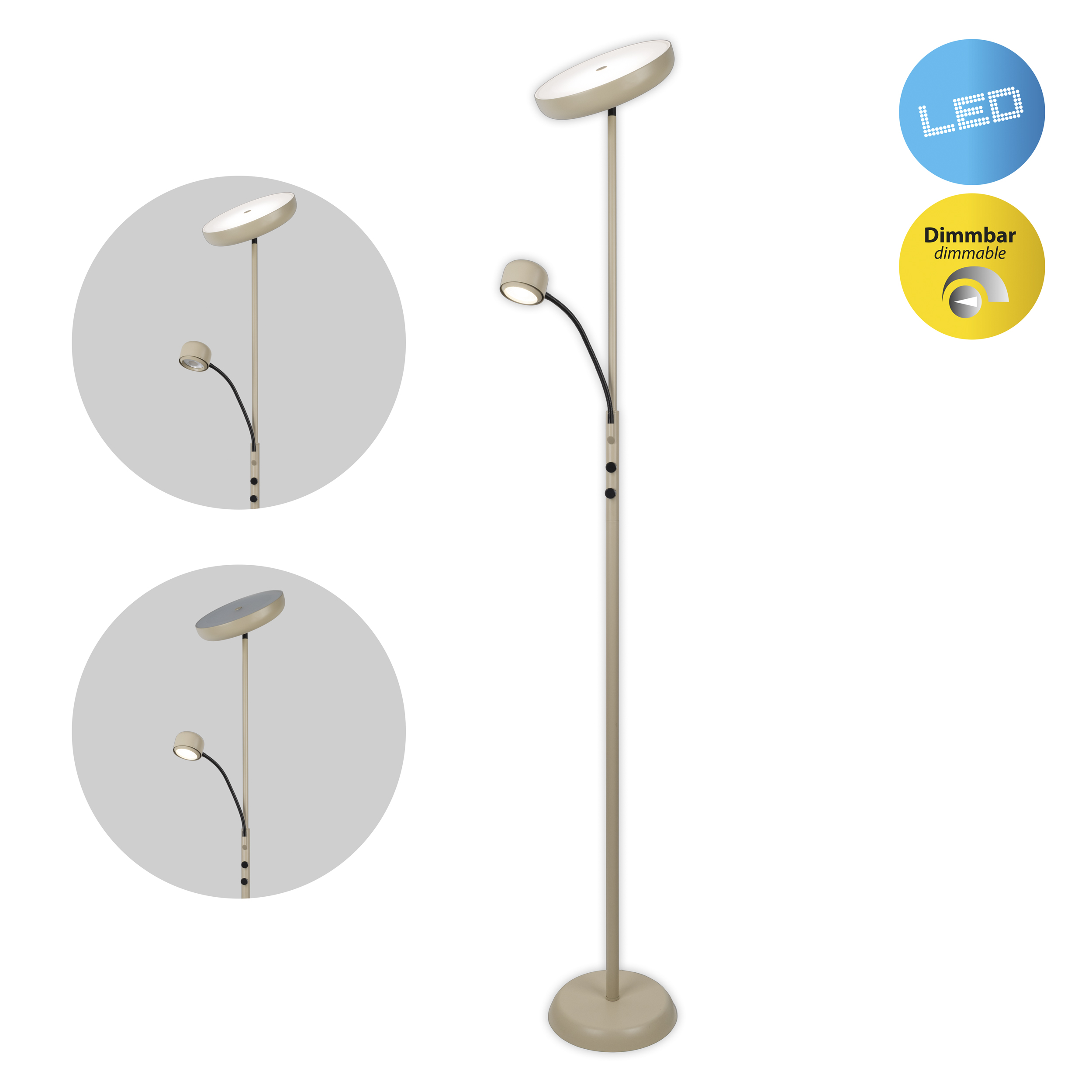 Eine beige Stehlampe mit zwei Lichtern, einem großen und einem kleinen. LED- und dimmbare Symbole sind sichtbar.