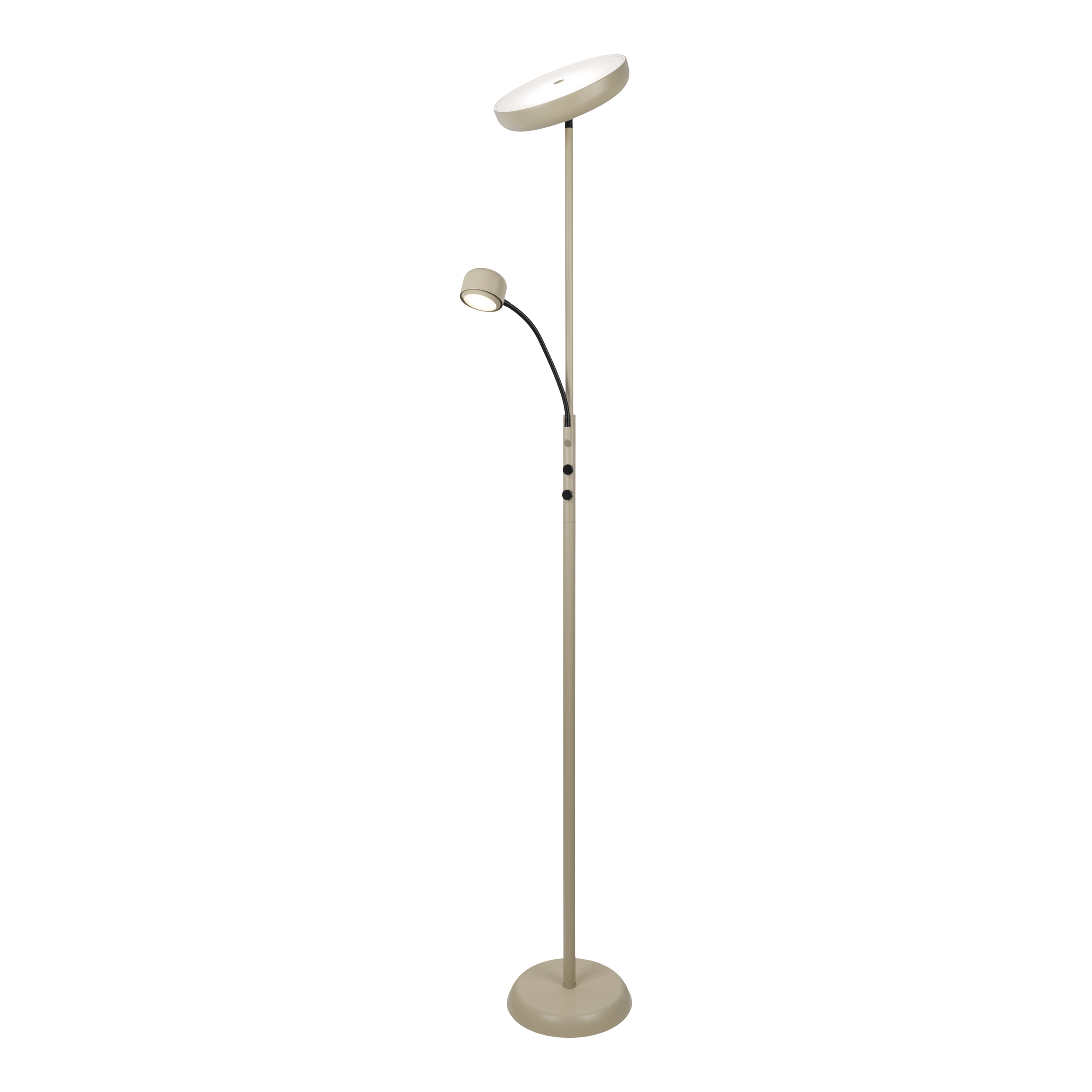 Eine beige Stehlampe mit zwei Lichtern. Eines ist eine große Scheibe, das andere ein kleineres, verstellbares Licht.