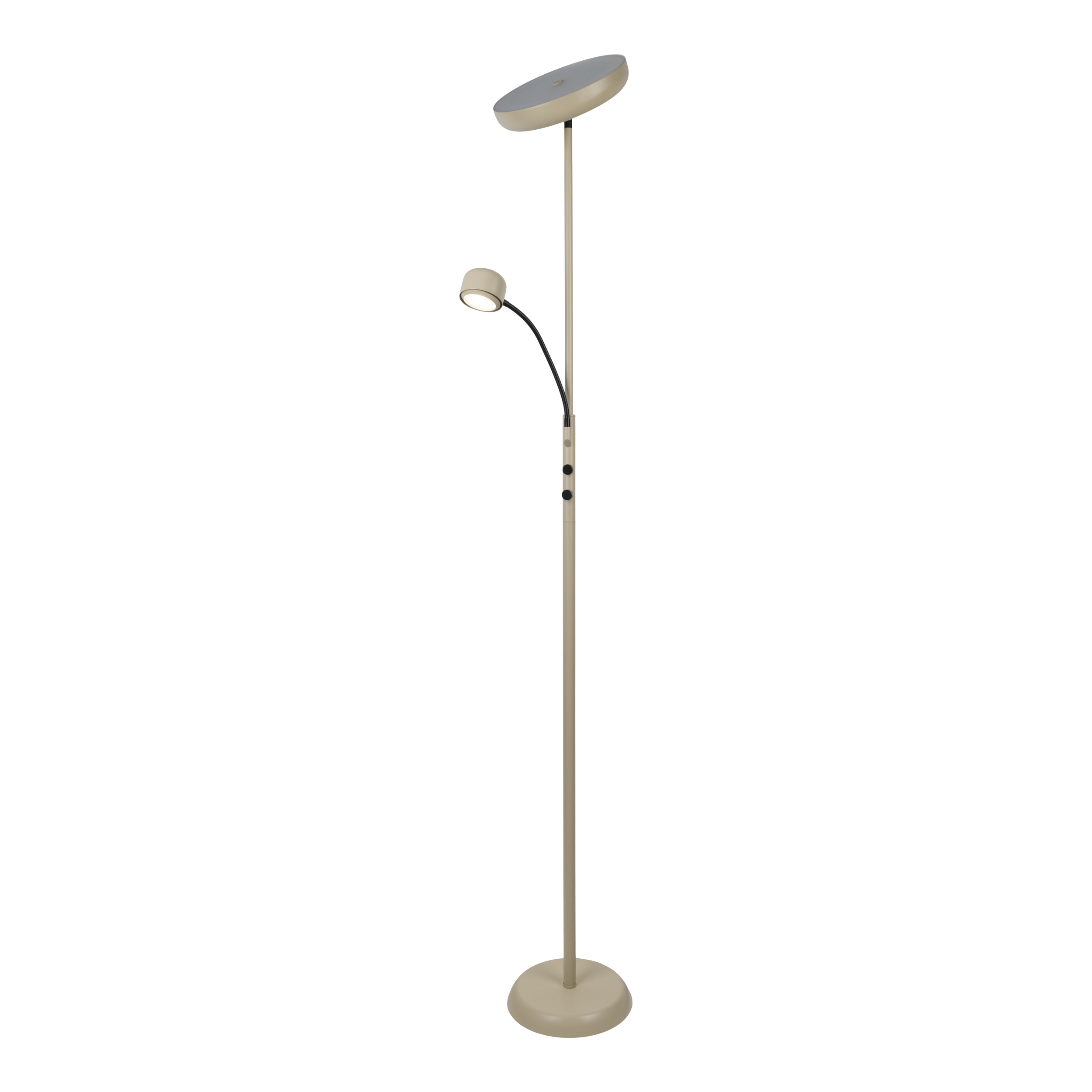 Eine beigefarbene Stehlampe mit zwei Lichtern. Eines ist eine Scheibe oben, das andere eine kleine verstellbare Lampe.