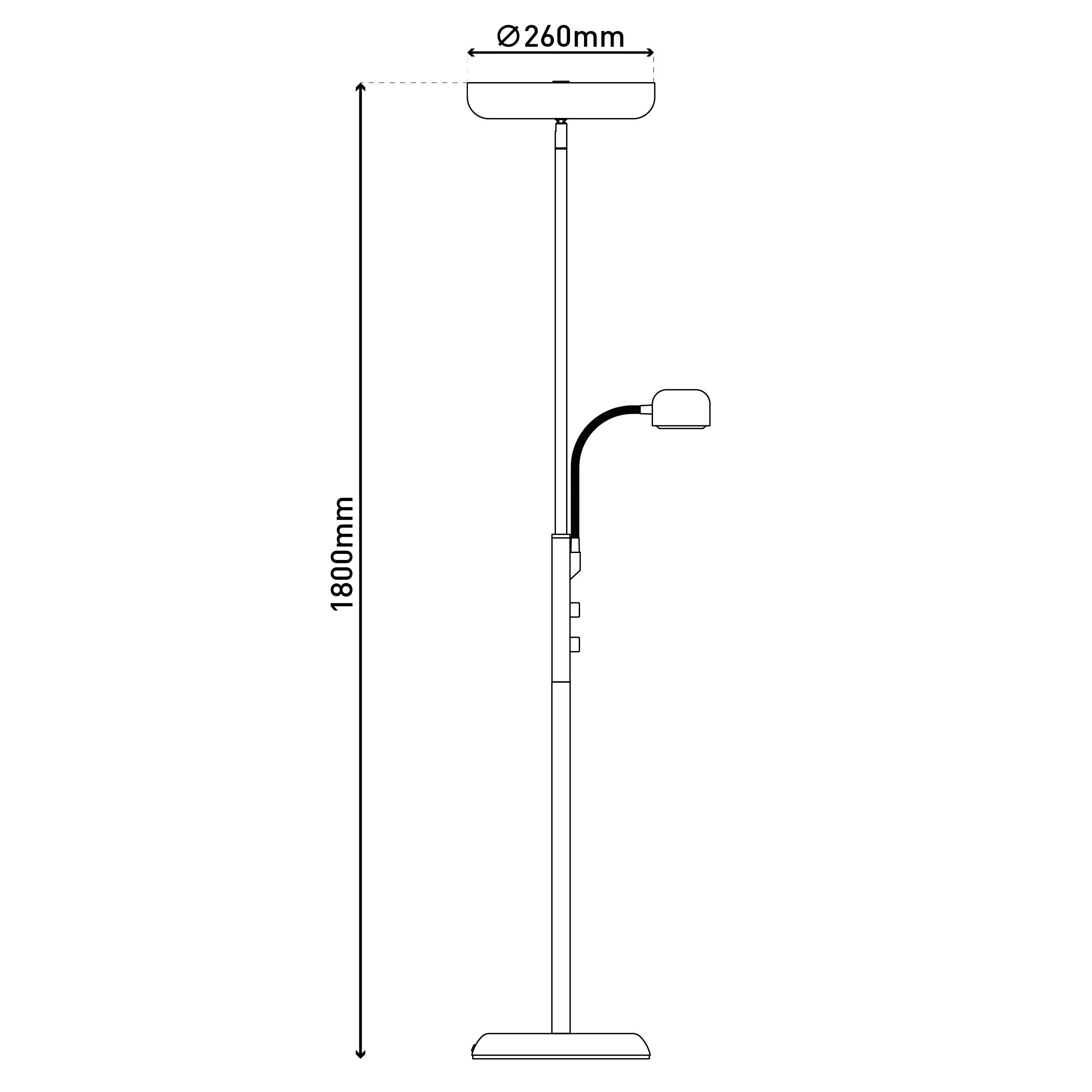 Eine Schwarz-Weiß-Strichzeichnung einer Stehlampe. Sie hat einen runden Sockel, eine hohe Stange und eine kleinere verstellbare Lampe.