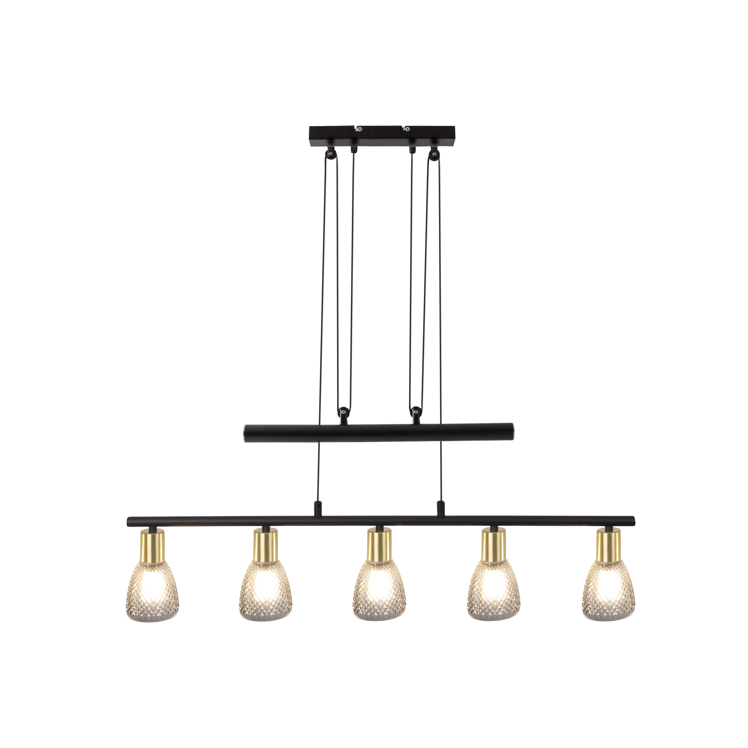 Eine schwarz-goldene Hängelampe mit fünf Lichtern. Die Lichter sind in einer Reihe, jede mit einem Glasschirm.