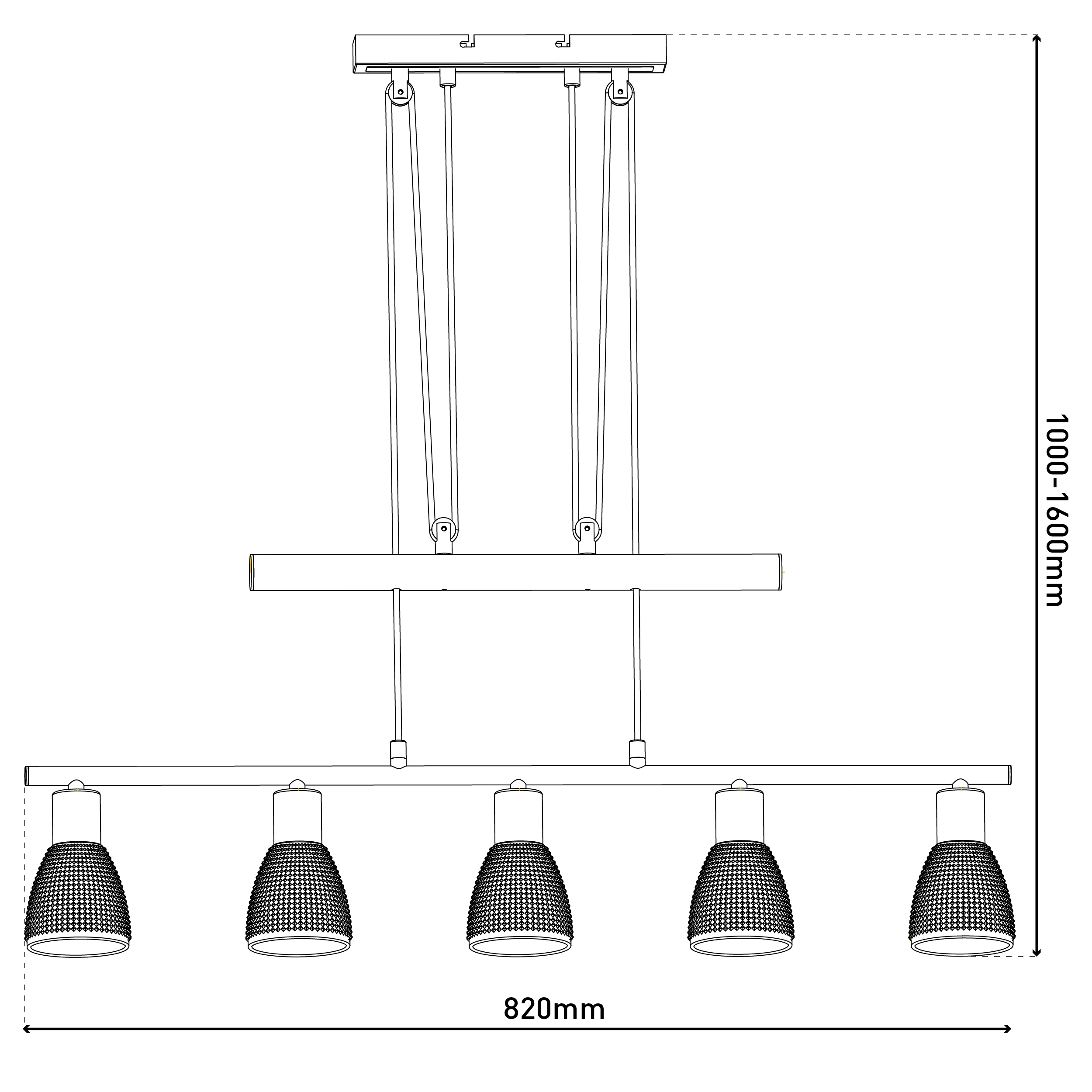 Strichzeichnung eines Kronleuchters mit fünf Lampenschirmen. Abmessungen: 820 mm breit und 1000-1600 mm hoch.