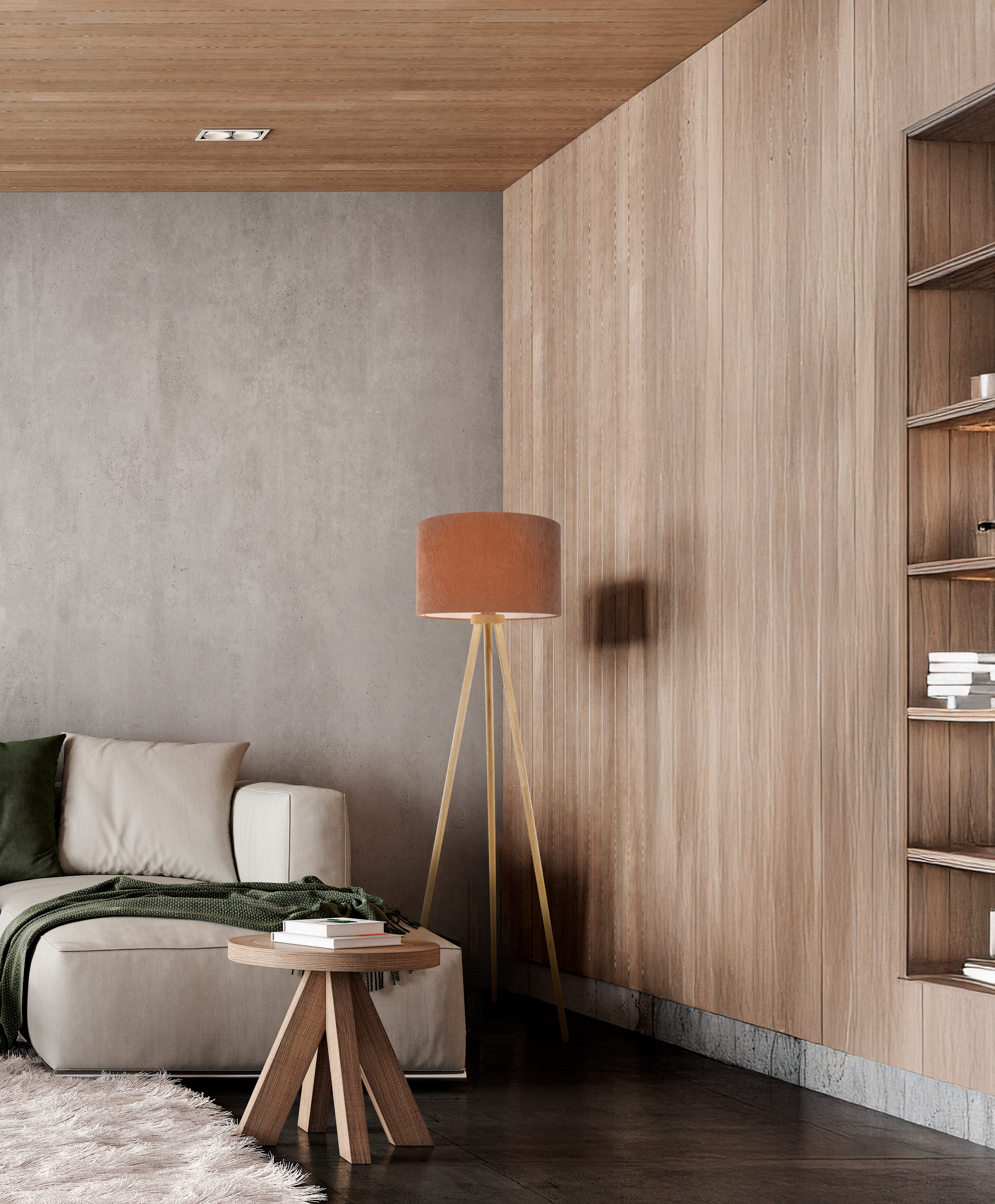Modernes Wohnzimmer mit beigem Sofa, Holzlampe und Beistelltisch. Die Wände sind aus Holz und Beton.