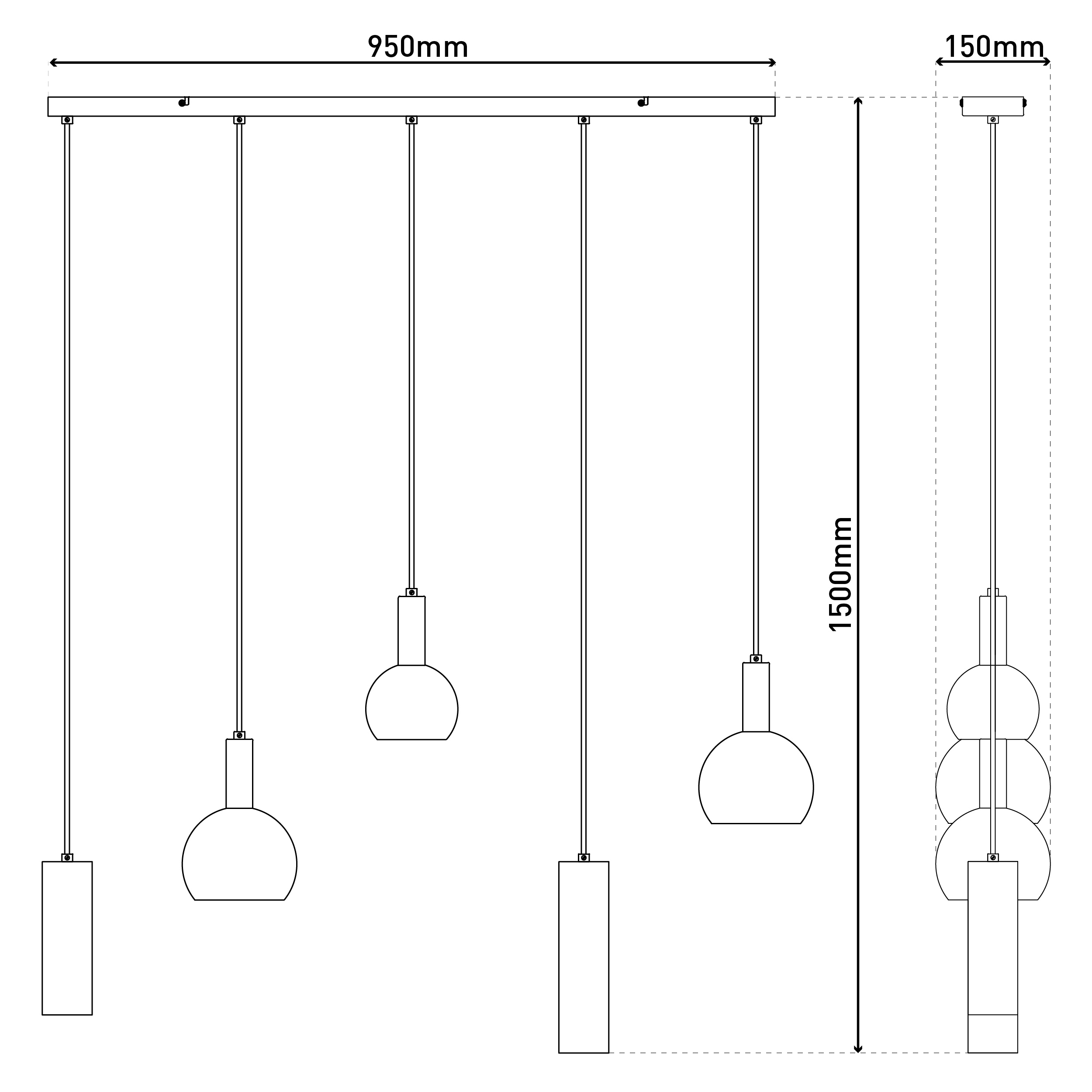 Strichzeichnung eines Kronleuchters mit mehreren Pendelleuchten in verschiedenen Formen und Größen, mit Maßangaben.