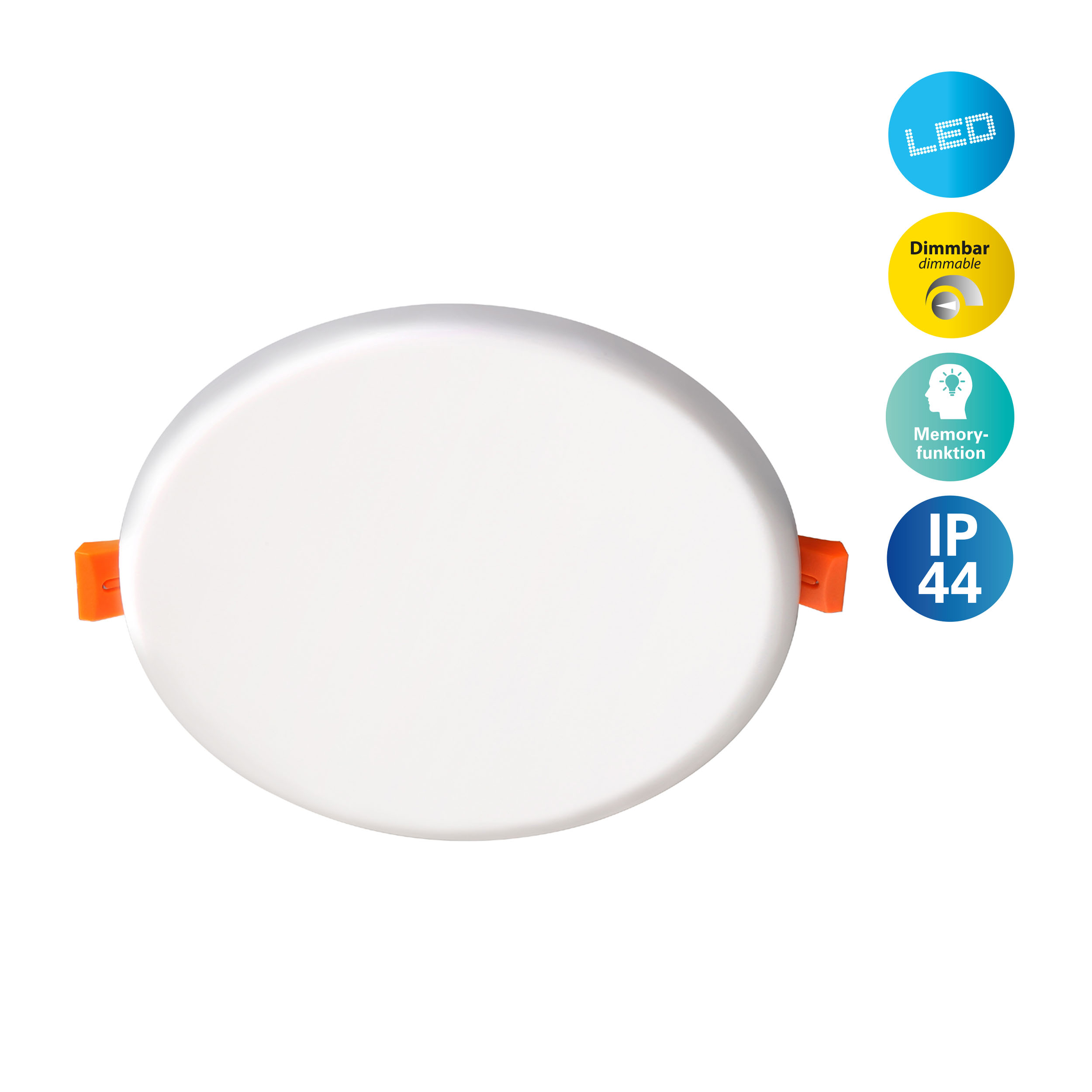 Ein weißes, rundes LED-Licht mit orangefarbenen Clips. Symbole zeigen dimmbar, Speicherfunktion und IP44. Blaues LED-Symbol sichtbar.