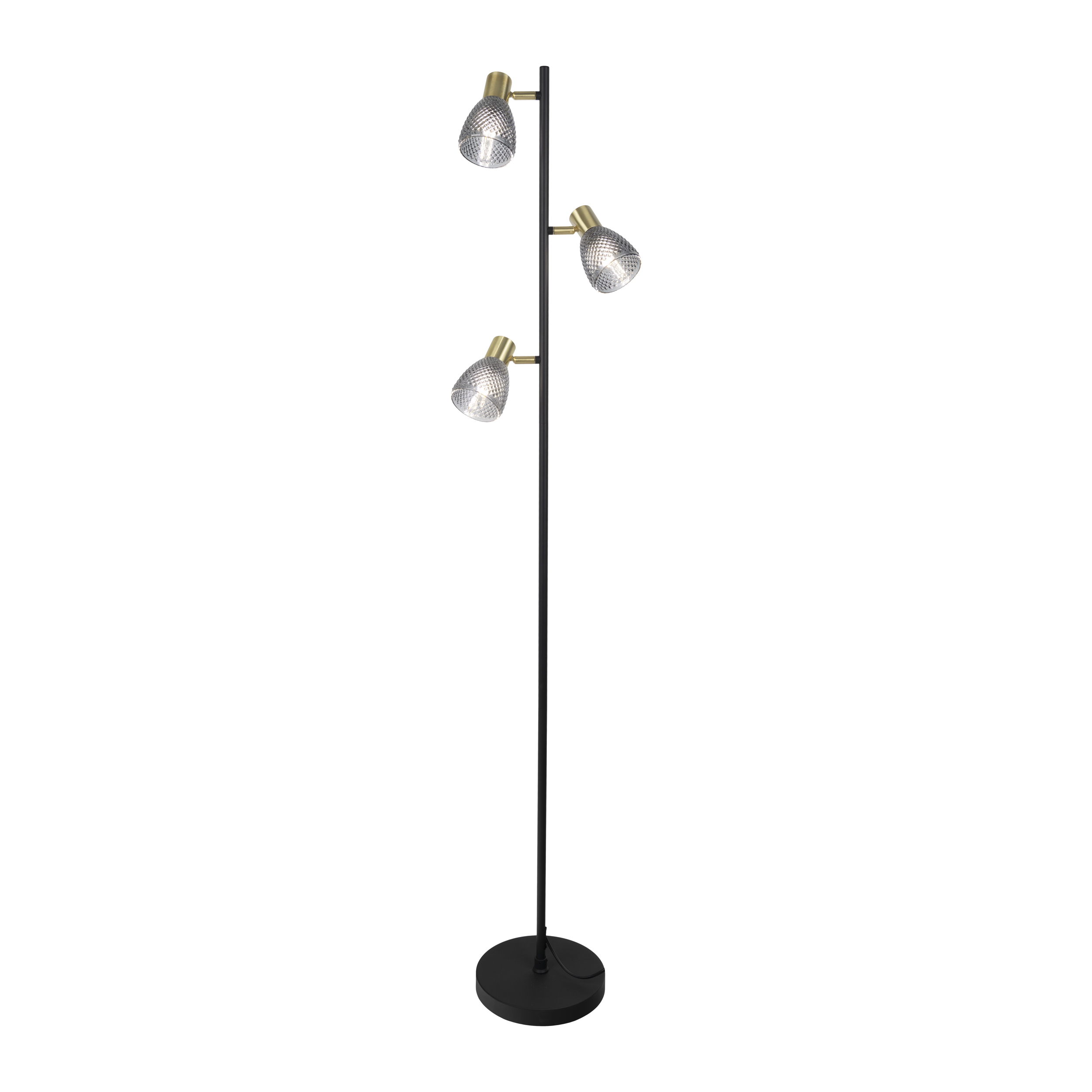 Eine schwarze Stehlampe mit drei Lichtern. Jedes Licht hat einen goldenen Sockel und einen gemusterten Glasschirm.
