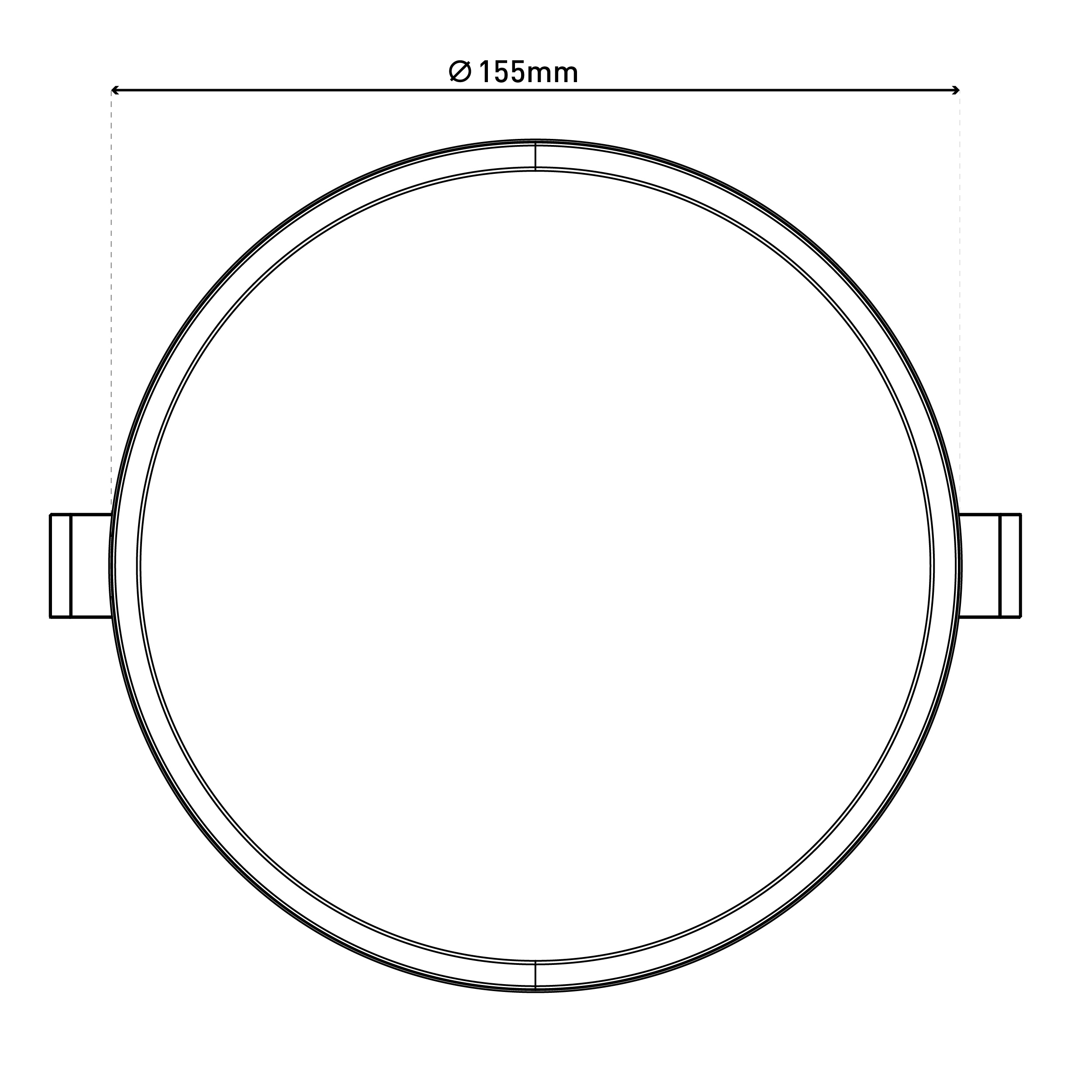 Technische Illustration von oben, ovale Form mit 155mm Durchmesser. Griffe seitlich.