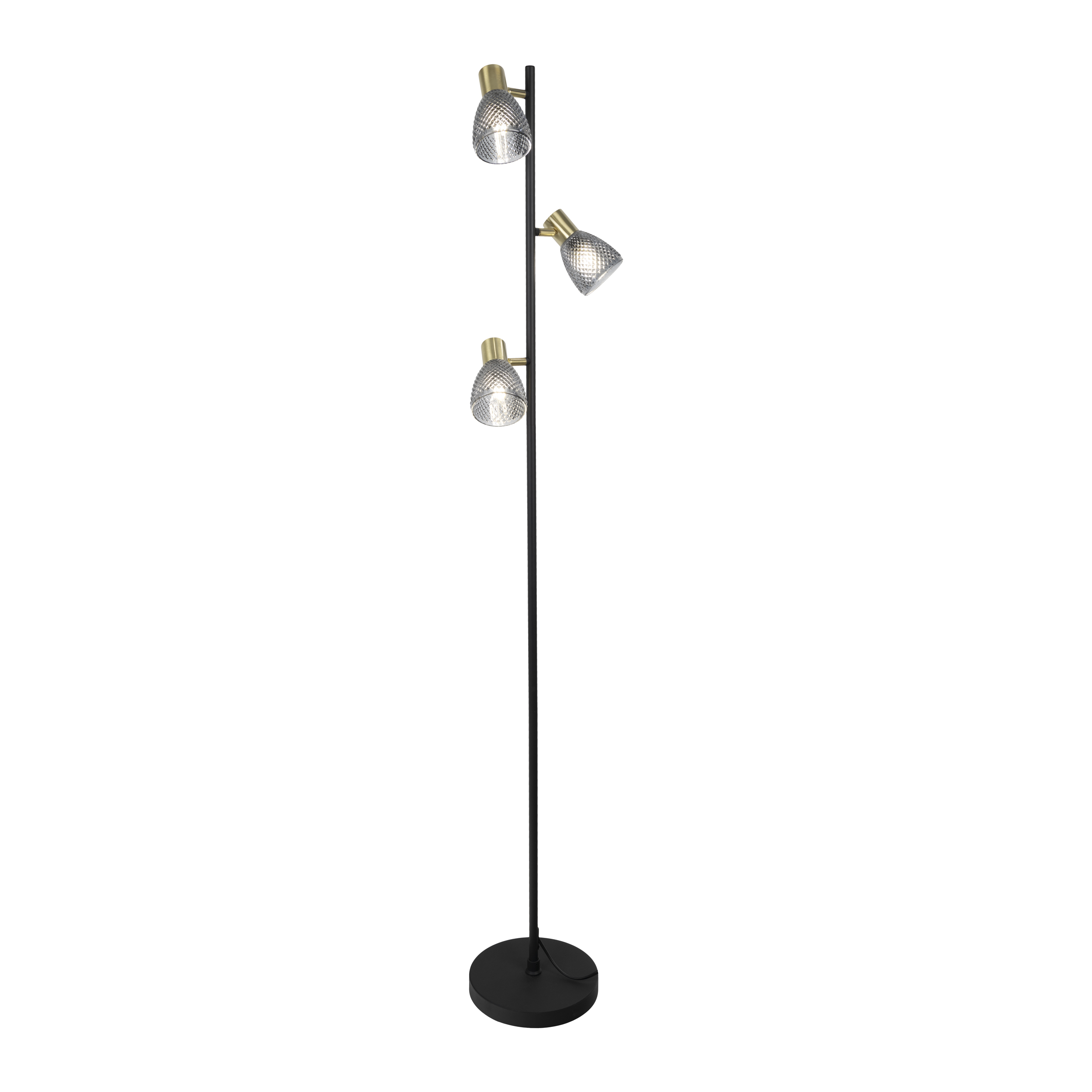 Eine schwarze Stehlampe mit drei Lichtern. Die Lampen haben einen goldenen Aufsatz und gemustertes Glas. Der Sockel ist rund.