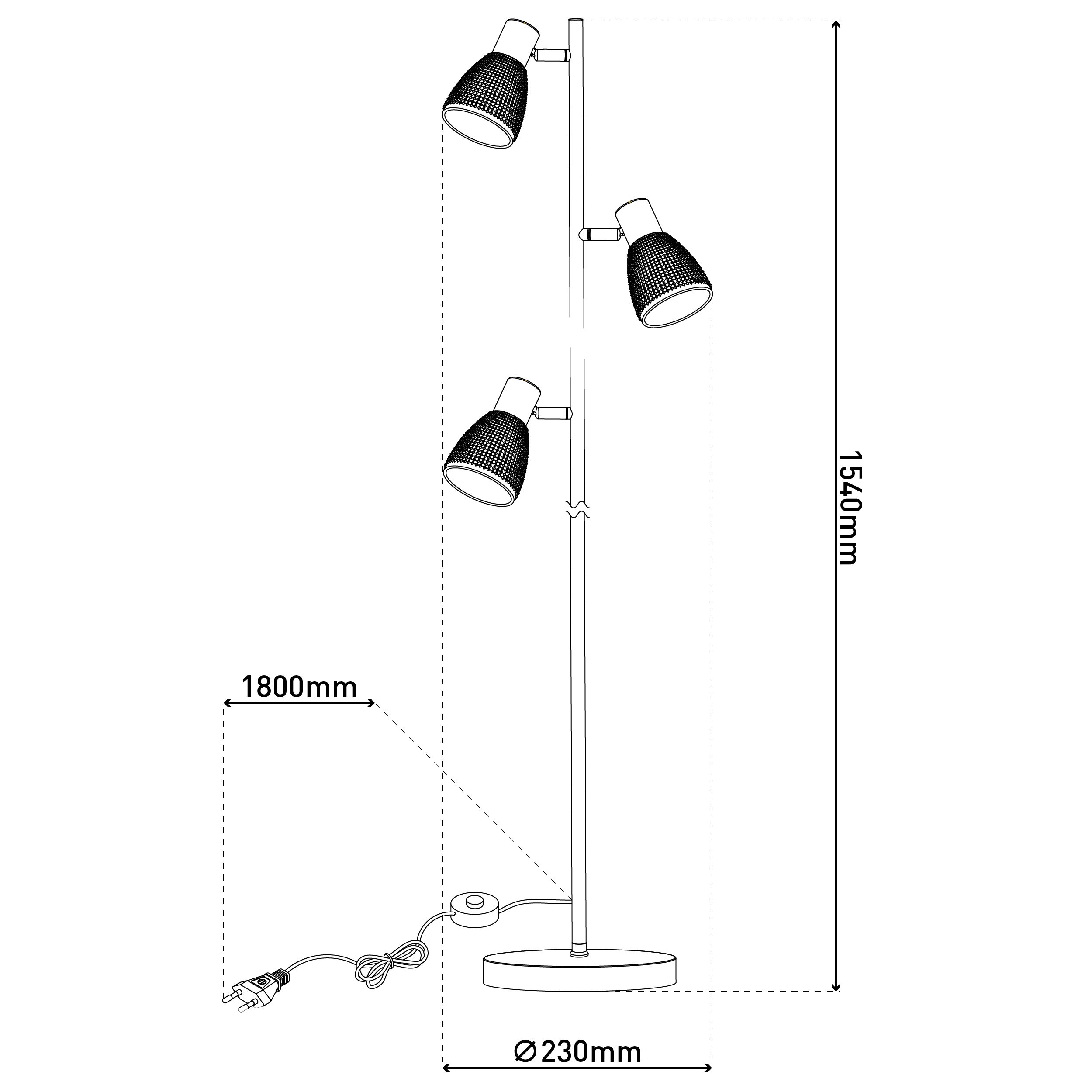 Eine Stehlampe mit drei verstellbaren Strahlern. Abmessungen sind enthalten. Sie hat einen runden Fuß, ein Kabel und einen Stecker.